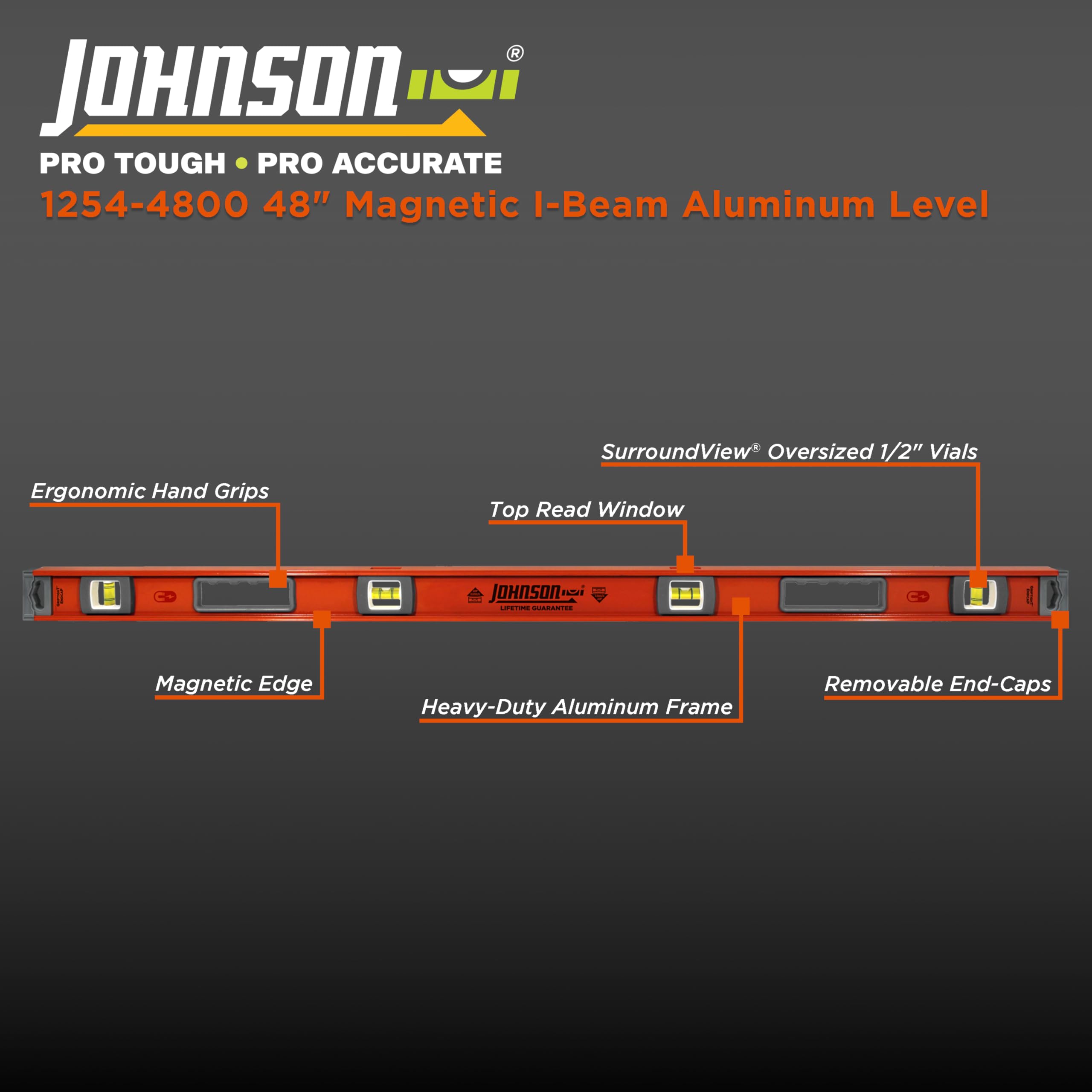Johnson Level & Tool 1254-2400 Magnetic Heavy Duty I-Beam Aluminum, 24", Orange, 1 Level