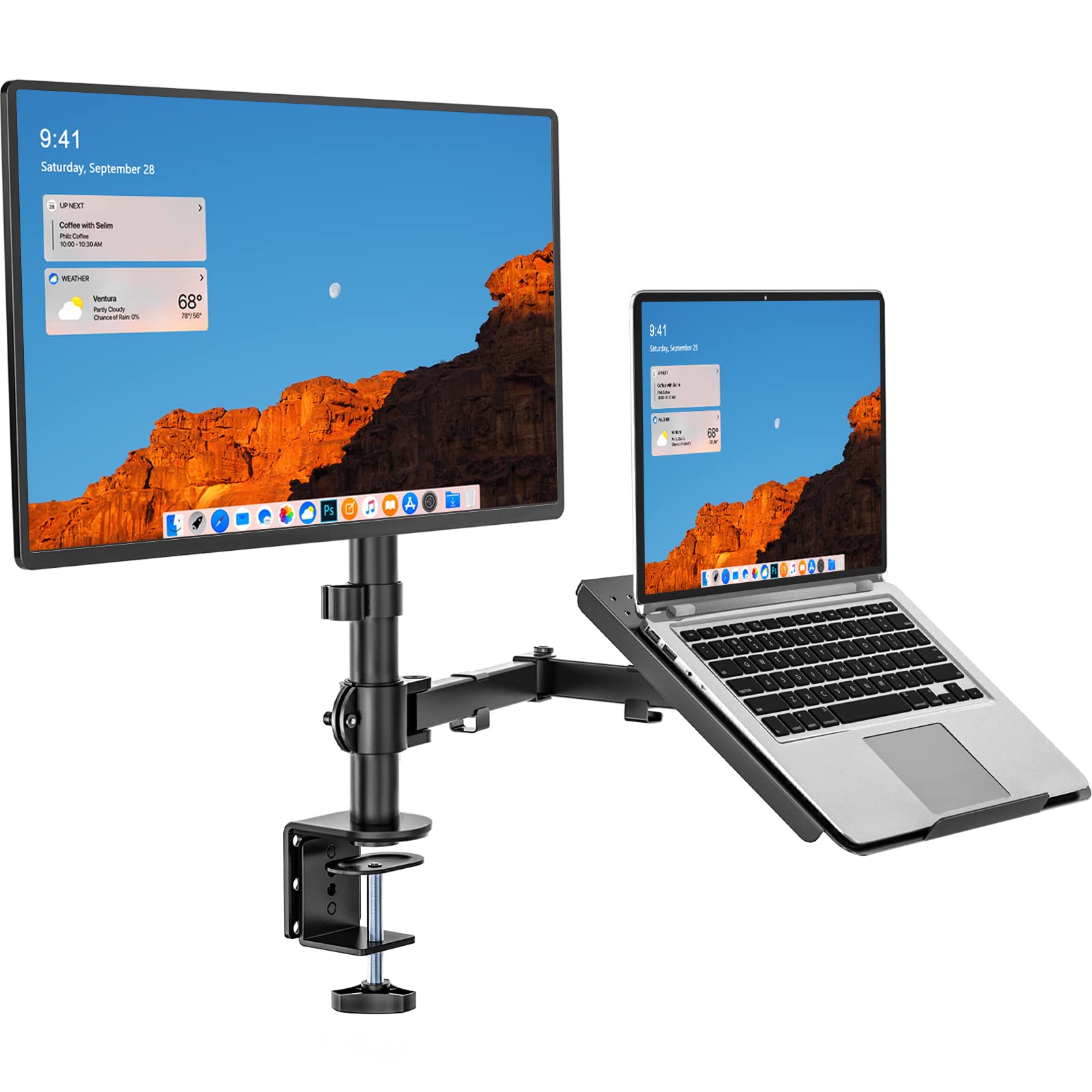 WALI Single Arm Laptop and Monitor Desk Mount for 17" Notebook and Single Screen, 2-in-1 Adjustable Gas Spring Monitor Arm with Laptop Tray, VESA 75x75 100x100,Holds 22-26.4 lbs, Black (GSMP001NLP)
