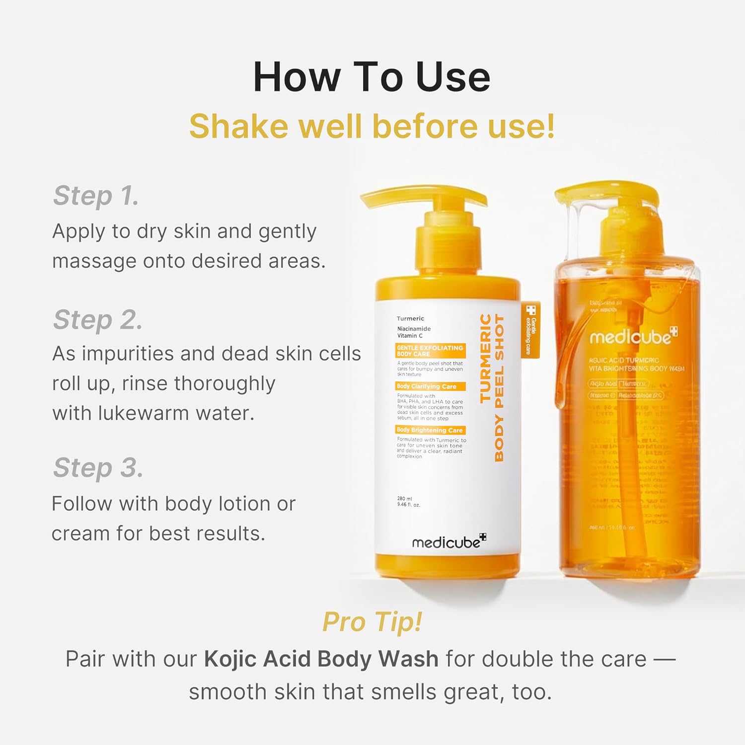 medicube Kojic Acid Brightening Body Care Duo: Turmeric Body Peel Shot and Kojic Acid Body Wash | For Brightening, Exfoliating with Citrus Scent for Fresh Shower Routine