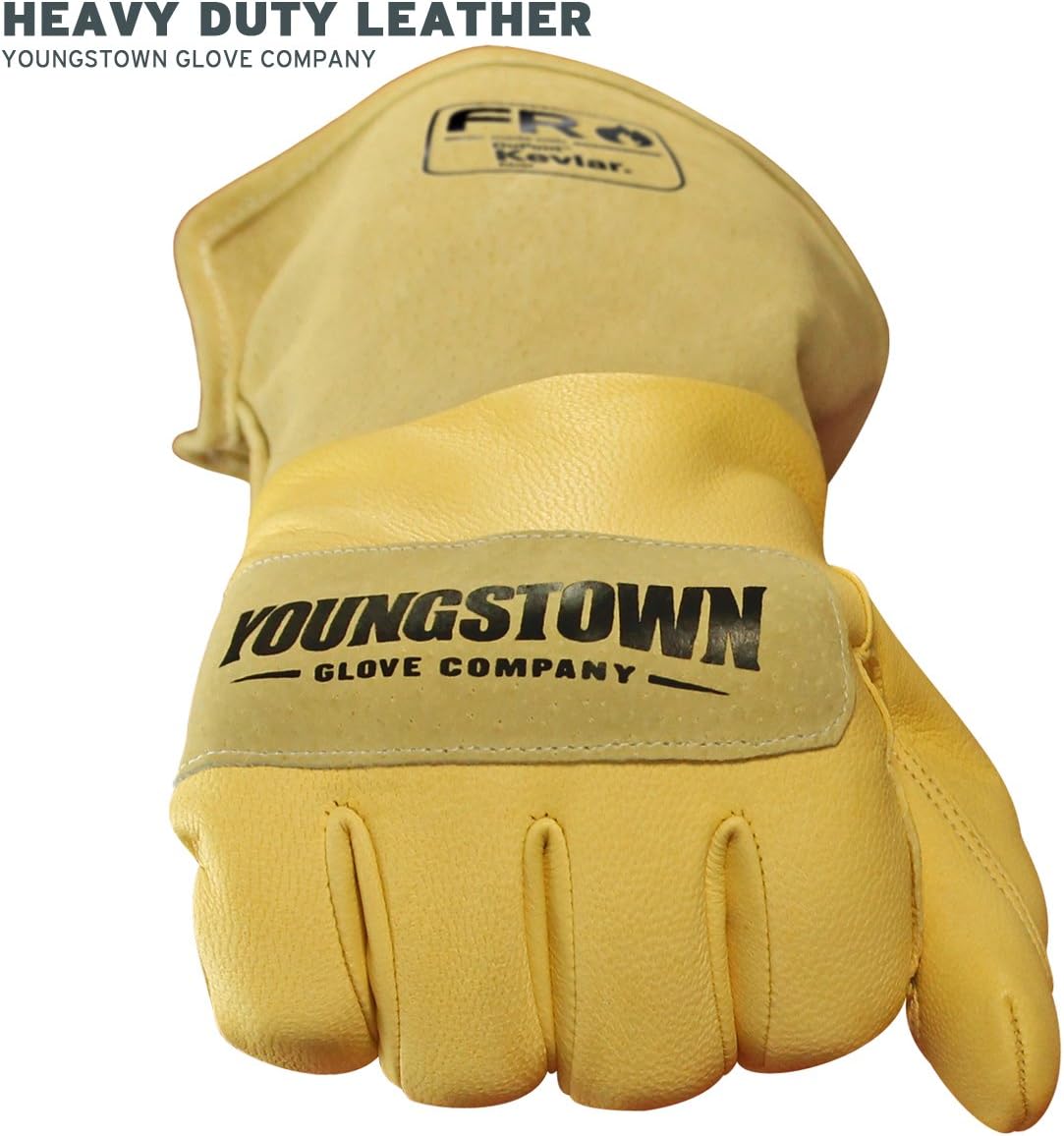 Youngstown Gloves Leather Utility Long Cuff Work Glove For Men - Kevlar Lined - Cut, Puncture, Flame Resistant, Arc Rated - Black/Tan, Medium