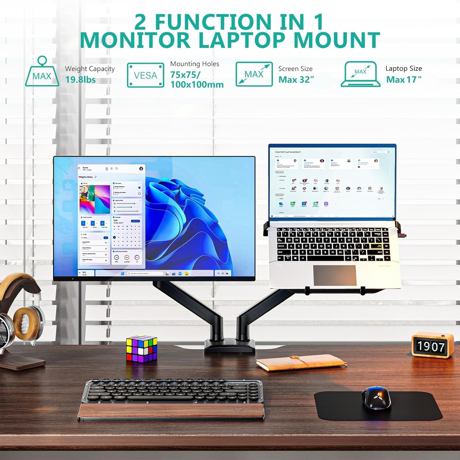 WALI Single Arm Laptop and Monitor Desk Mount for 17" Notebook and Single Screen, 2-in-1 Adjustable Gas Spring Monitor Arm with Laptop Tray, VESA 75x75 100x100,Holds 22-26.4 lbs, Black (GSMP001NLP)