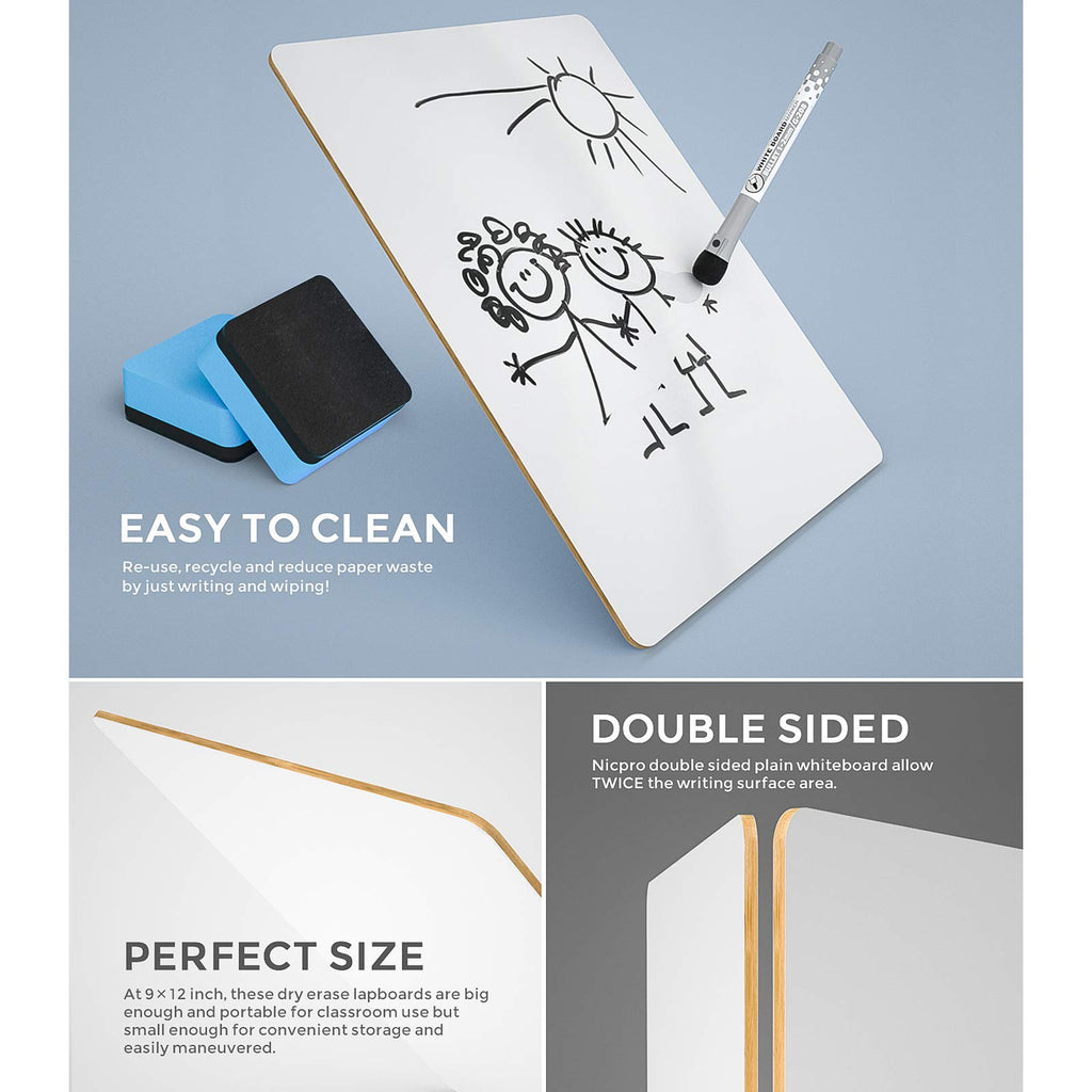 Nicpro Dry Erase Lap Board 9 x 12 inches 2 Pack Ruled Kid Double Sided Blank & Lined Small Lapboard with 8 Pens, 2 Eraser, Learning Mini Whiteboard Portable for Student and Classroom Use