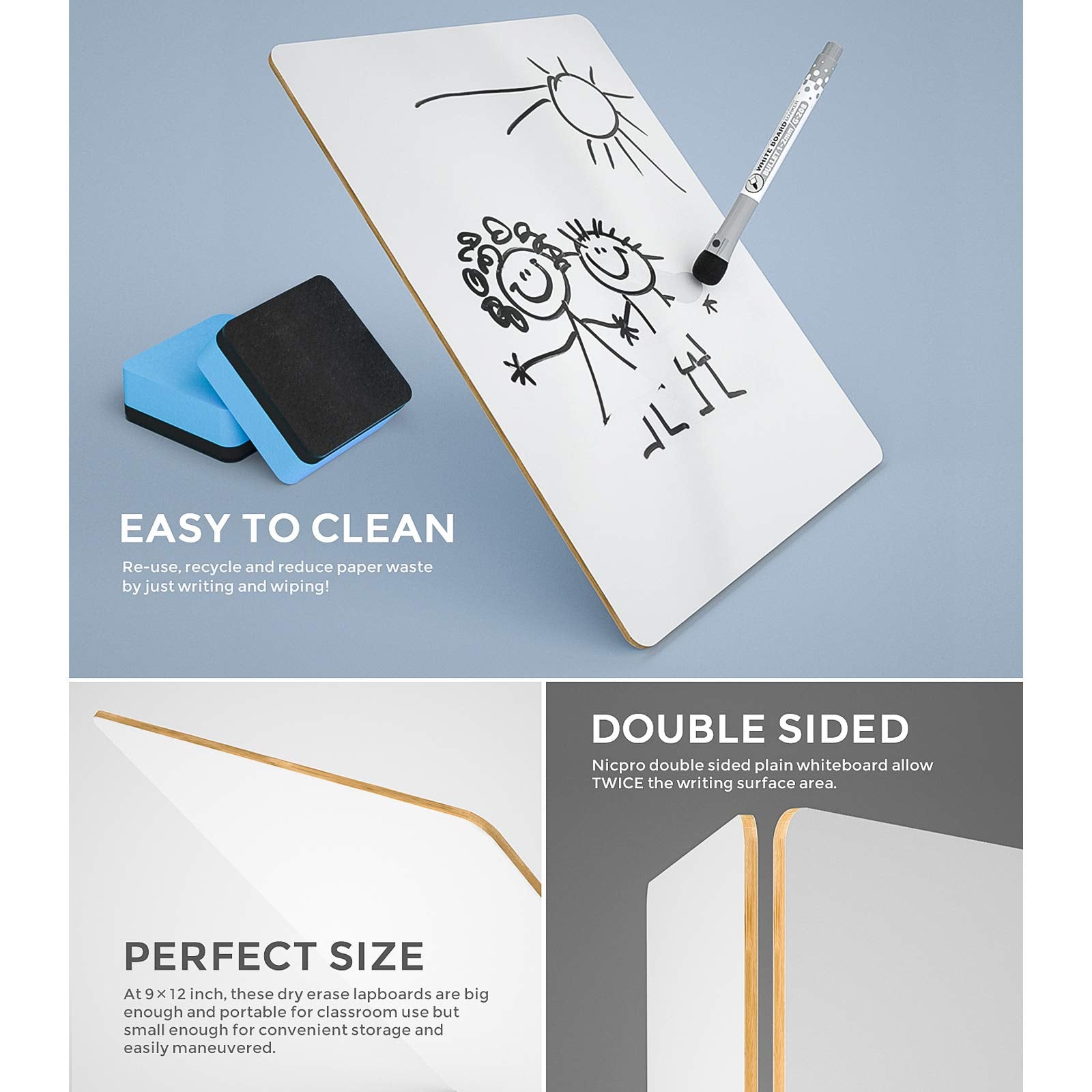 Nicpro Dry Erase Lap Board 9 x 12 inches 2 Pack Ruled Kid Double Sided Blank & Lined Small Lapboard with 8 Pens, 2 Eraser, Learning Mini Whiteboard Portable for Student and Classroom Use