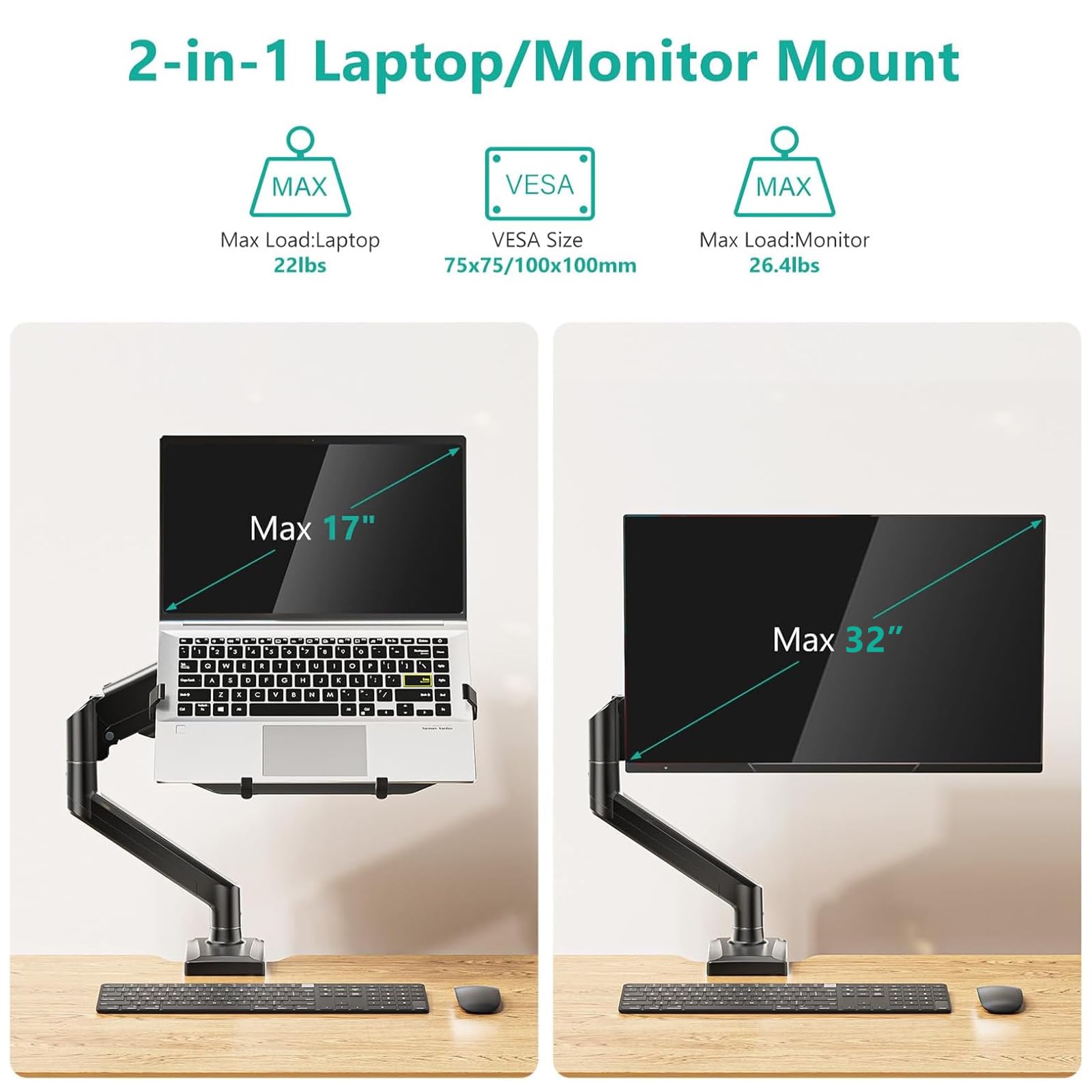 WALI Single Arm Laptop and Monitor Desk Mount for 17" Notebook and Single Screen, 2-in-1 Adjustable Gas Spring Monitor Arm with Laptop Tray, VESA 75x75 100x100,Holds 22-26.4 lbs, Black (GSMP001NLP)