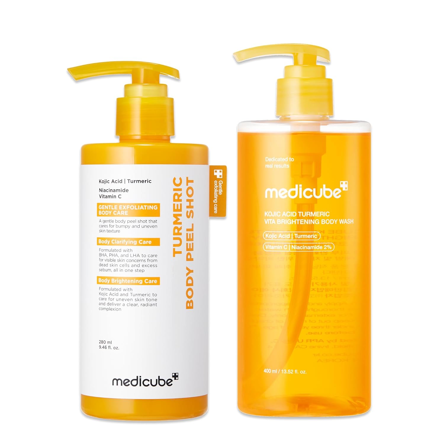 medicube Kojic Acid Brightening Body Care Duo: Turmeric Body Peel Shot and Kojic Acid Body Wash | For Brightening, Exfoliating with Citrus Scent for Fresh Shower Routine