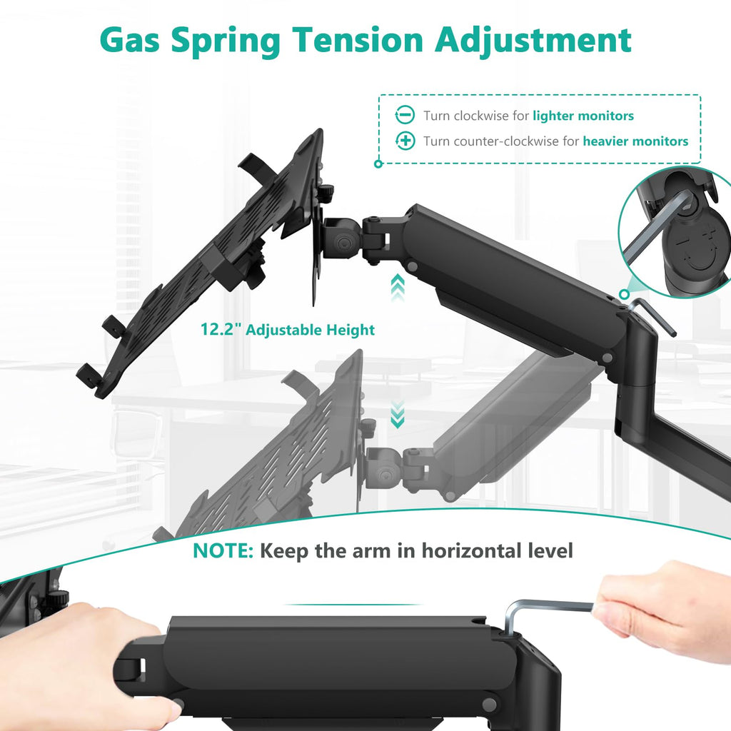 WALI Single Arm Laptop and Monitor Desk Mount for 17" Notebook and Single Screen, 2-in-1 Adjustable Gas Spring Monitor Arm with Laptop Tray, VESA 75x75 100x100,Holds 22-26.4 lbs, Black (GSMP001NLP)