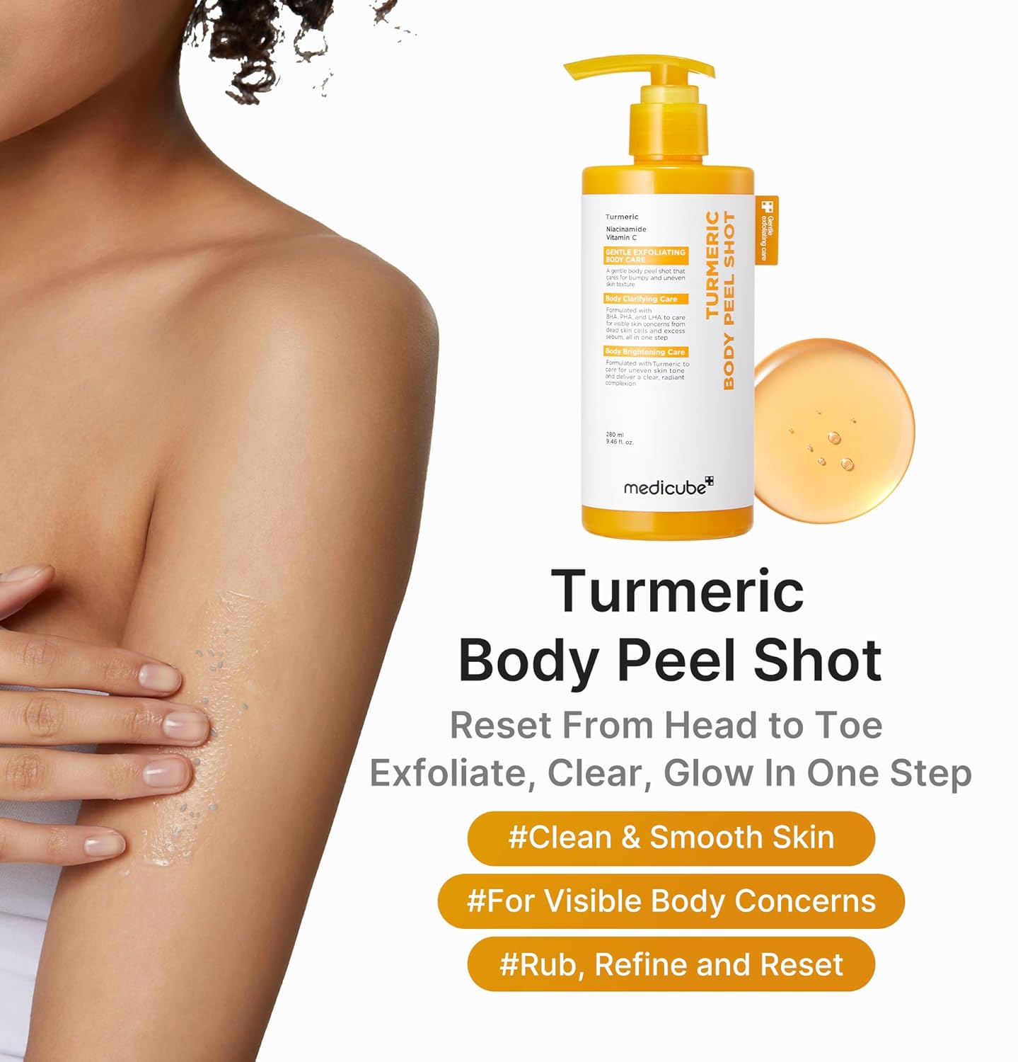 medicube Kojic Acid Brightening Body Care Duo: Turmeric Body Peel Shot and Kojic Acid Body Wash | For Brightening, Exfoliating with Citrus Scent for Fresh Shower Routine