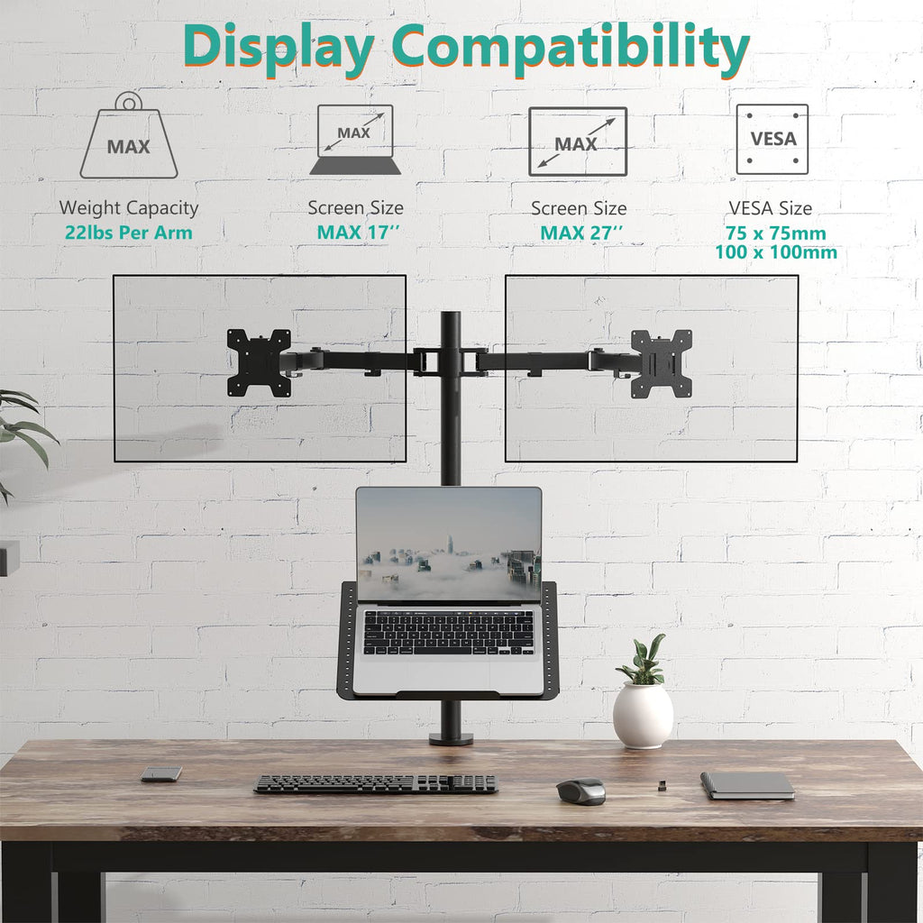 WALI Single Arm Laptop and Monitor Desk Mount for 17" Notebook and Single Screen, 2-in-1 Adjustable Gas Spring Monitor Arm with Laptop Tray, VESA 75x75 100x100,Holds 22-26.4 lbs, Black (GSMP001NLP)