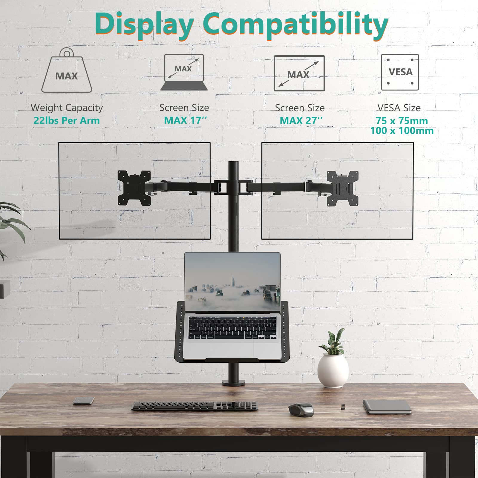 WALI Single Arm Laptop and Monitor Desk Mount for 17" Notebook and Single Screen, 2-in-1 Adjustable Gas Spring Monitor Arm with Laptop Tray, VESA 75x75 100x100,Holds 22-26.4 lbs, Black (GSMP001NLP)