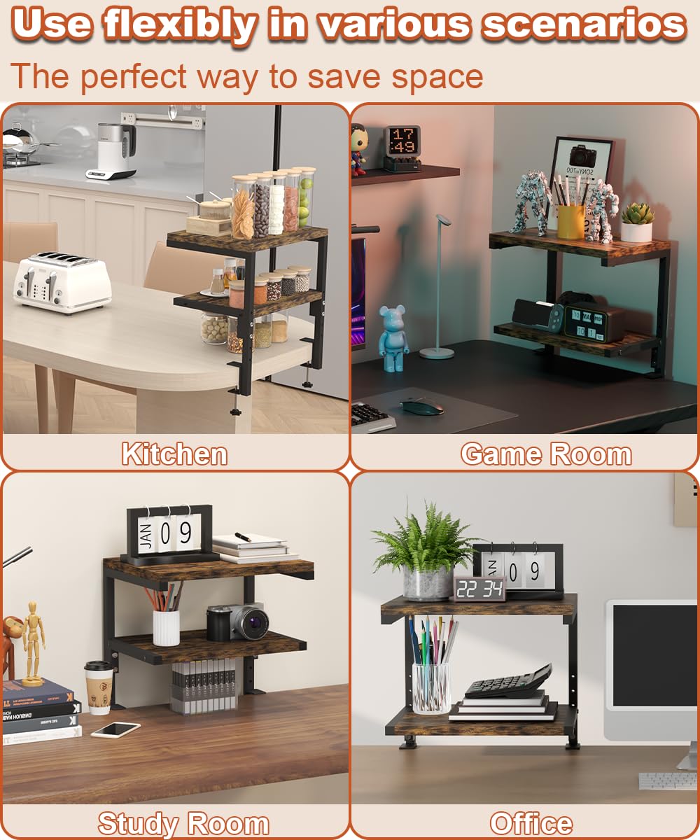 Clamp on Desk Organizer Shelf, Heavy-Duty Desk Extender Side Table with 2-Tier Adjustable Storage Shelves for Desktop Accessories, Gaming Devices, White
