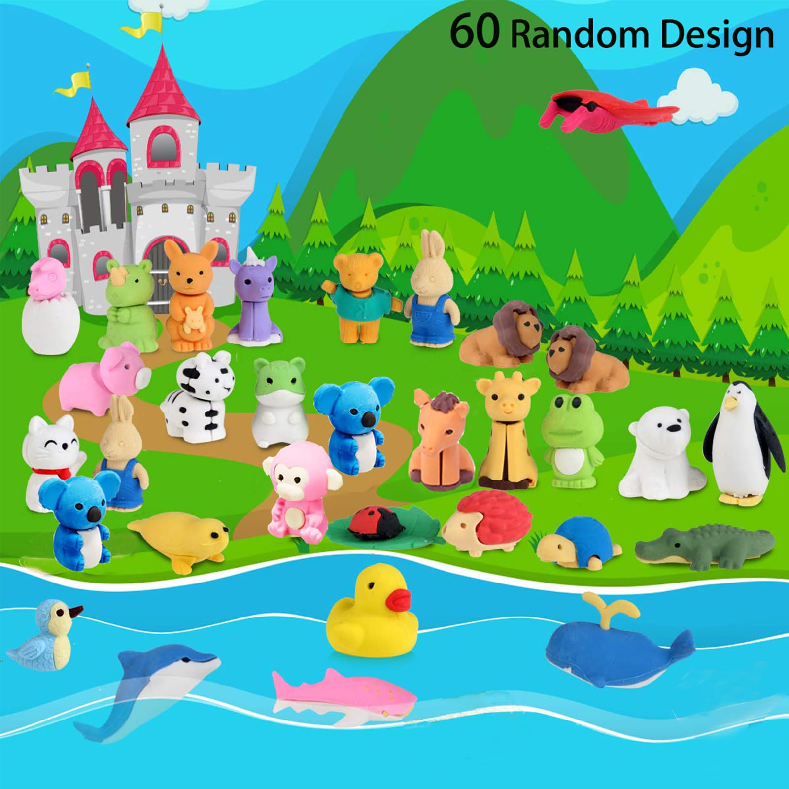 60Pcs Animal Erasers Desk Pets for Kids Animal Pencil Erasers Bulk Puzzle Eraser Toys Gifts for Classroom Prizes,Game Reward,Treasure Box,Easter Egg Fillers,Goodie Bag Stuffers,Party Favors