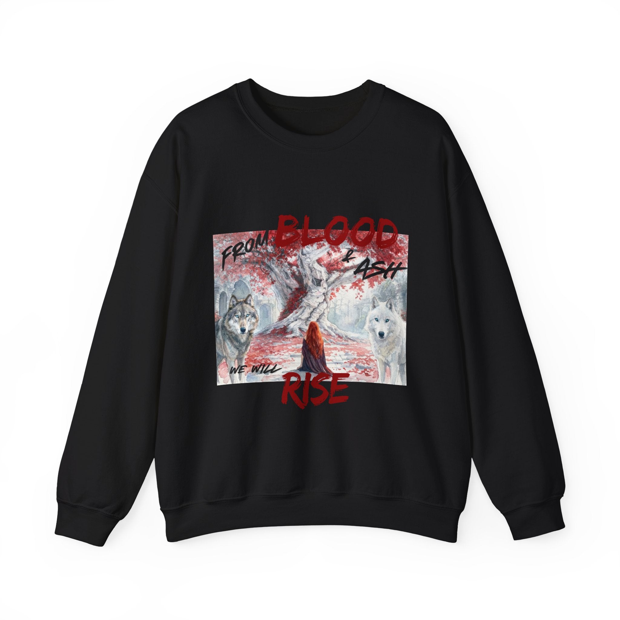 Rise From Blood & Ash Crewneck Sweatshirt – 'We Will Rise' Sword & Poppy Fantasy Graphic