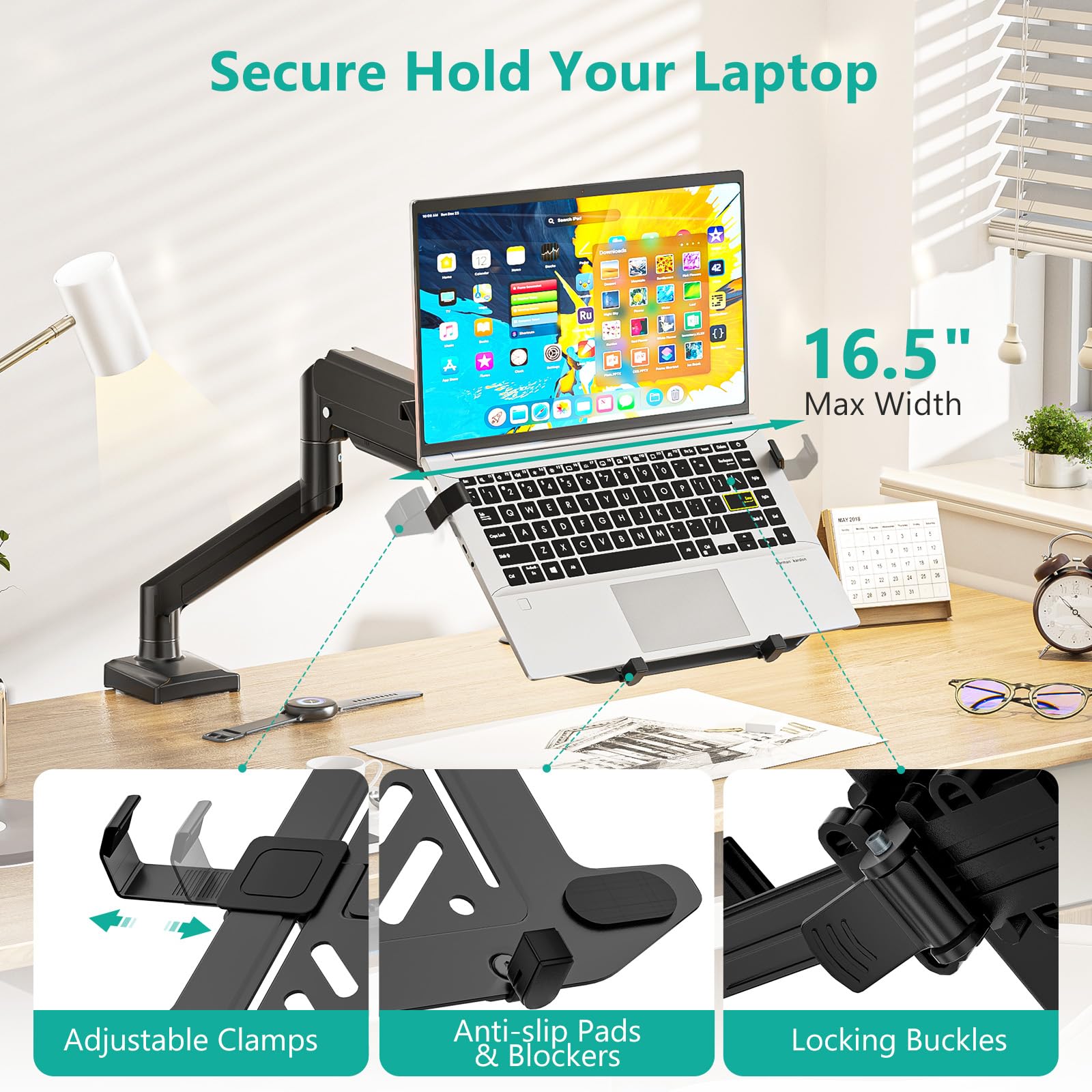WALI Single Arm Laptop and Monitor Desk Mount for 17" Notebook and Single Screen, 2-in-1 Adjustable Gas Spring Monitor Arm with Laptop Tray, VESA 75x75 100x100,Holds 22-26.4 lbs, Black (GSMP001NLP)