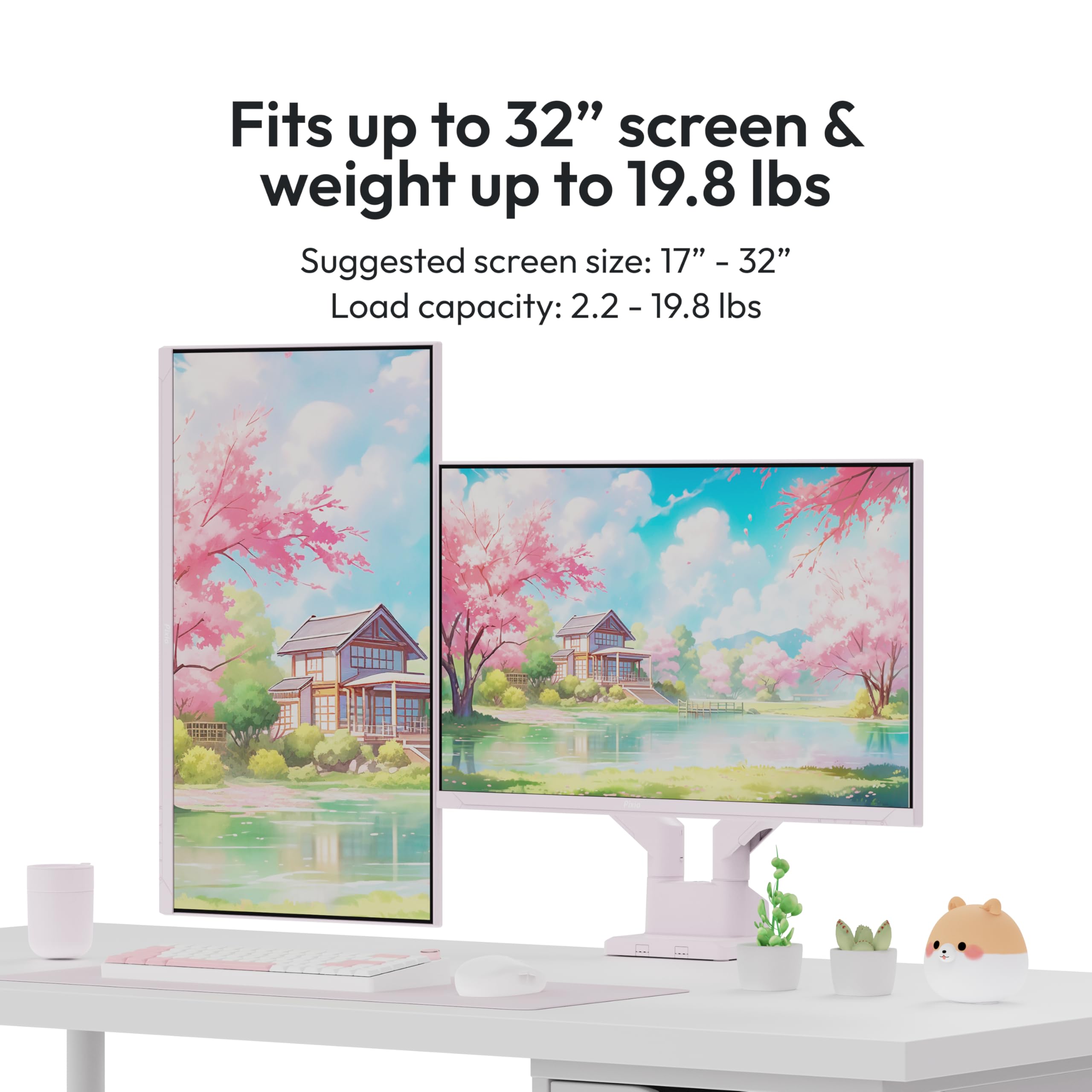 Pixio PS1S Wave Pink Single Monitor Arm Stand Desk Mount - Fits up to 32 inches Monitors and up to 19.8lbs. VESA Compatibility and Integrated Cable Management