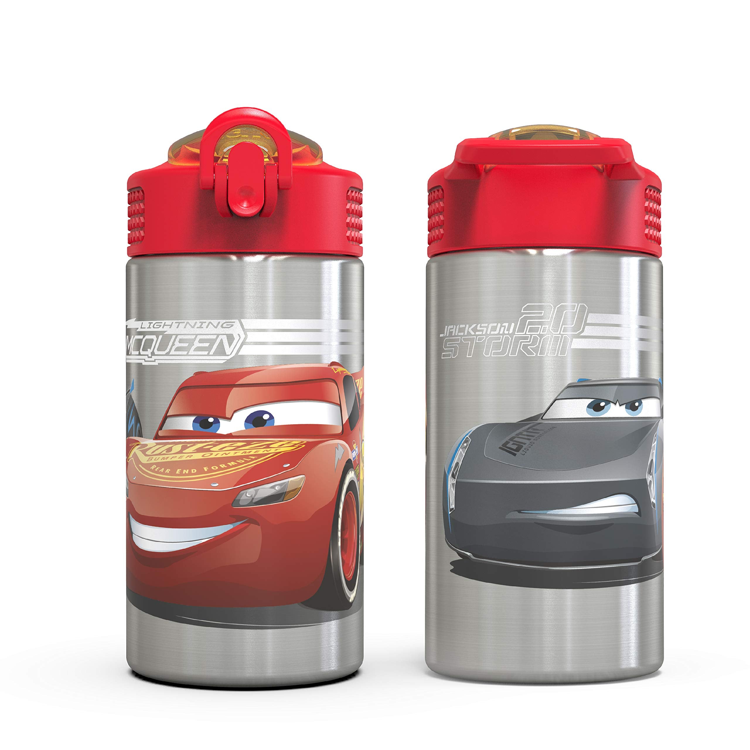 Zak Designs Disney Cars 3 - Stainless Steel Water Bottle with One Hand Operation Action Lid and Built-in Carrying Loop, Kids Water Bottle with Straw Spout is Perfect for Kids (15.5 oz, 18/8)