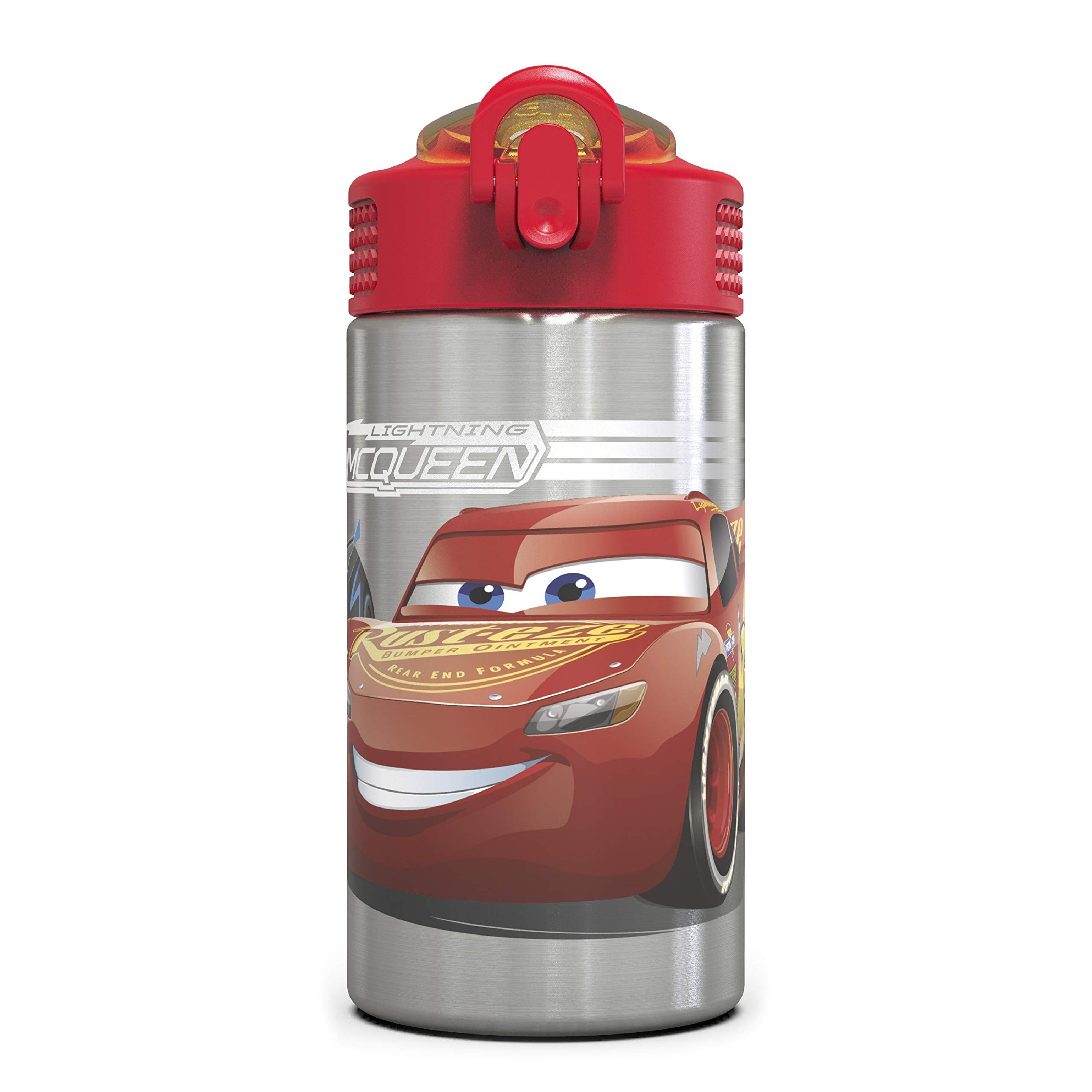 Zak Designs Disney Cars 3 - Stainless Steel Water Bottle with One Hand Operation Action Lid and Built-in Carrying Loop, Kids Water Bottle with Straw Spout is Perfect for Kids (15.5 oz, 18/8)