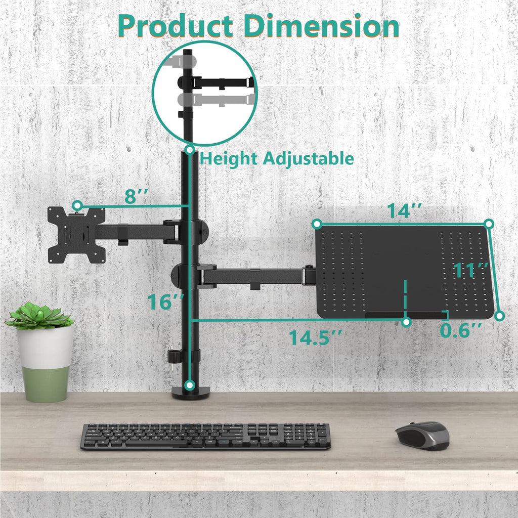 WALI Single Arm Laptop and Monitor Desk Mount for 17" Notebook and Single Screen, 2-in-1 Adjustable Gas Spring Monitor Arm with Laptop Tray, VESA 75x75 100x100,Holds 22-26.4 lbs, Black (GSMP001NLP)