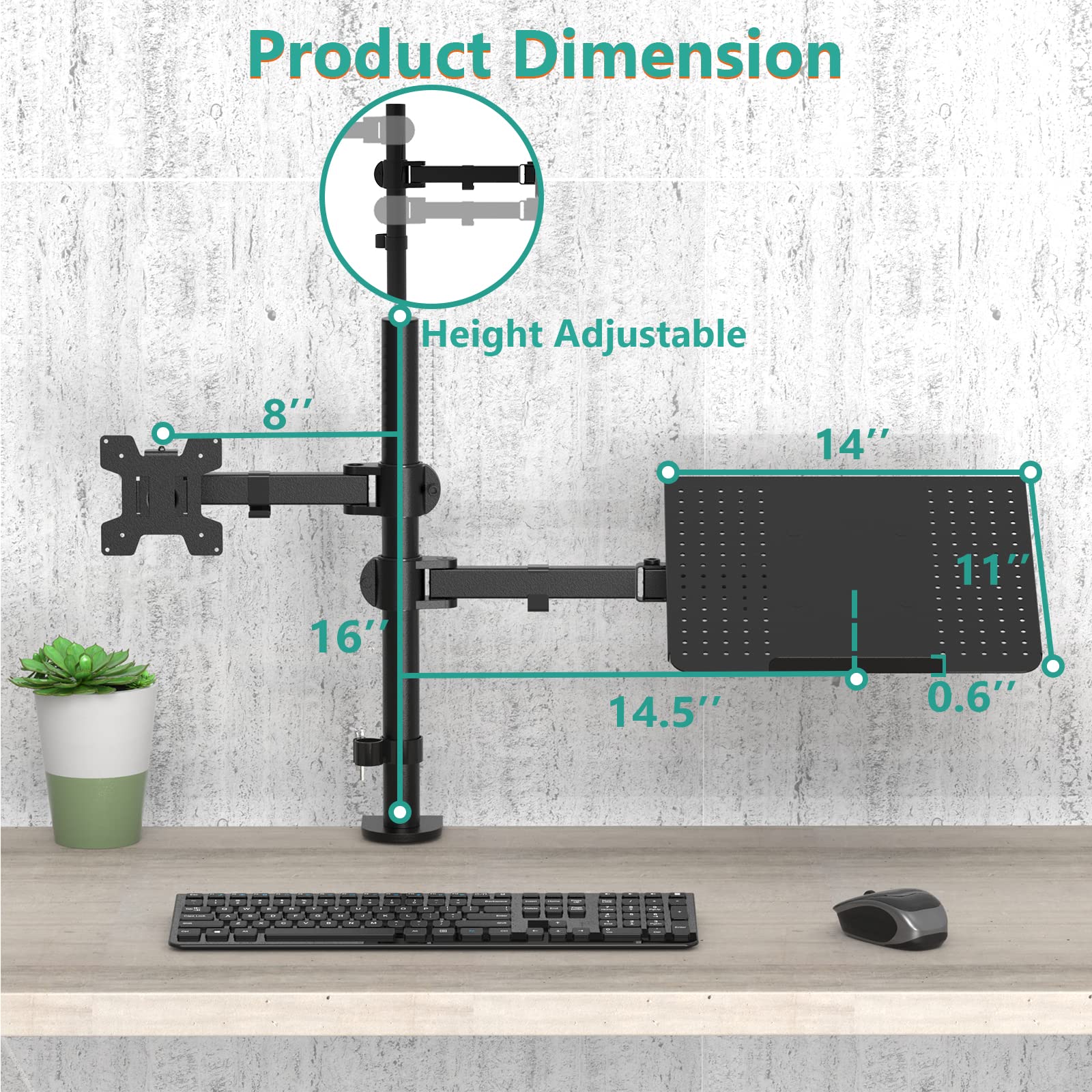 WALI Single Arm Laptop and Monitor Desk Mount for 17" Notebook and Single Screen, 2-in-1 Adjustable Gas Spring Monitor Arm with Laptop Tray, VESA 75x75 100x100,Holds 22-26.4 lbs, Black (GSMP001NLP)