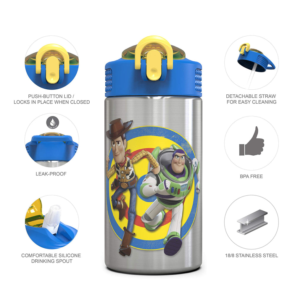 Zak Designs Disney Cars 3 - Stainless Steel Water Bottle with One Hand Operation Action Lid and Built-in Carrying Loop, Kids Water Bottle with Straw Spout is Perfect for Kids (15.5 oz, 18/8)