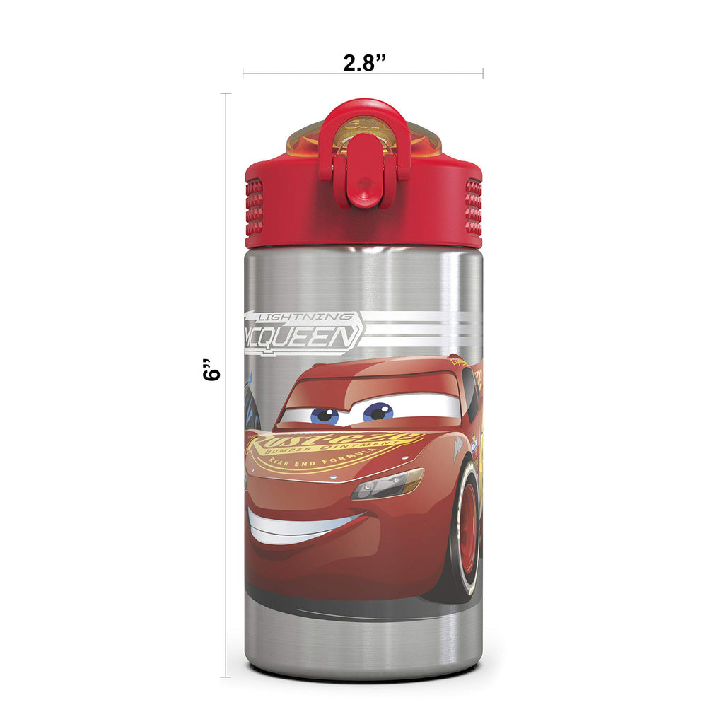 Zak Designs Disney Cars 3 - Stainless Steel Water Bottle with One Hand Operation Action Lid and Built-in Carrying Loop, Kids Water Bottle with Straw Spout is Perfect for Kids (15.5 oz, 18/8)