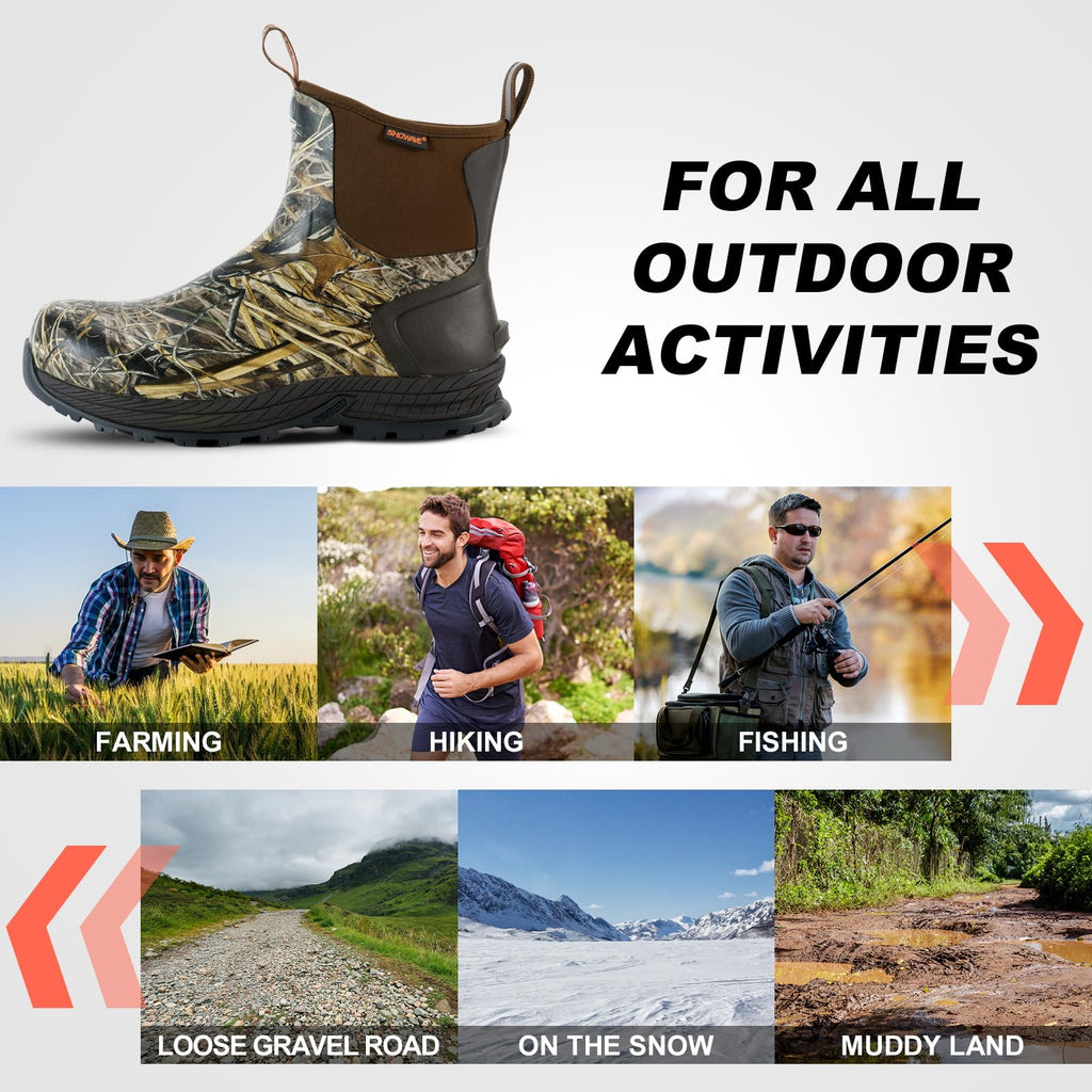 Showave Men's Rain Boots Waterproof Excursion Rubber Boots Insulated Mud Booties for Trekking Gardening Farming Camping Fishing and Chore Work