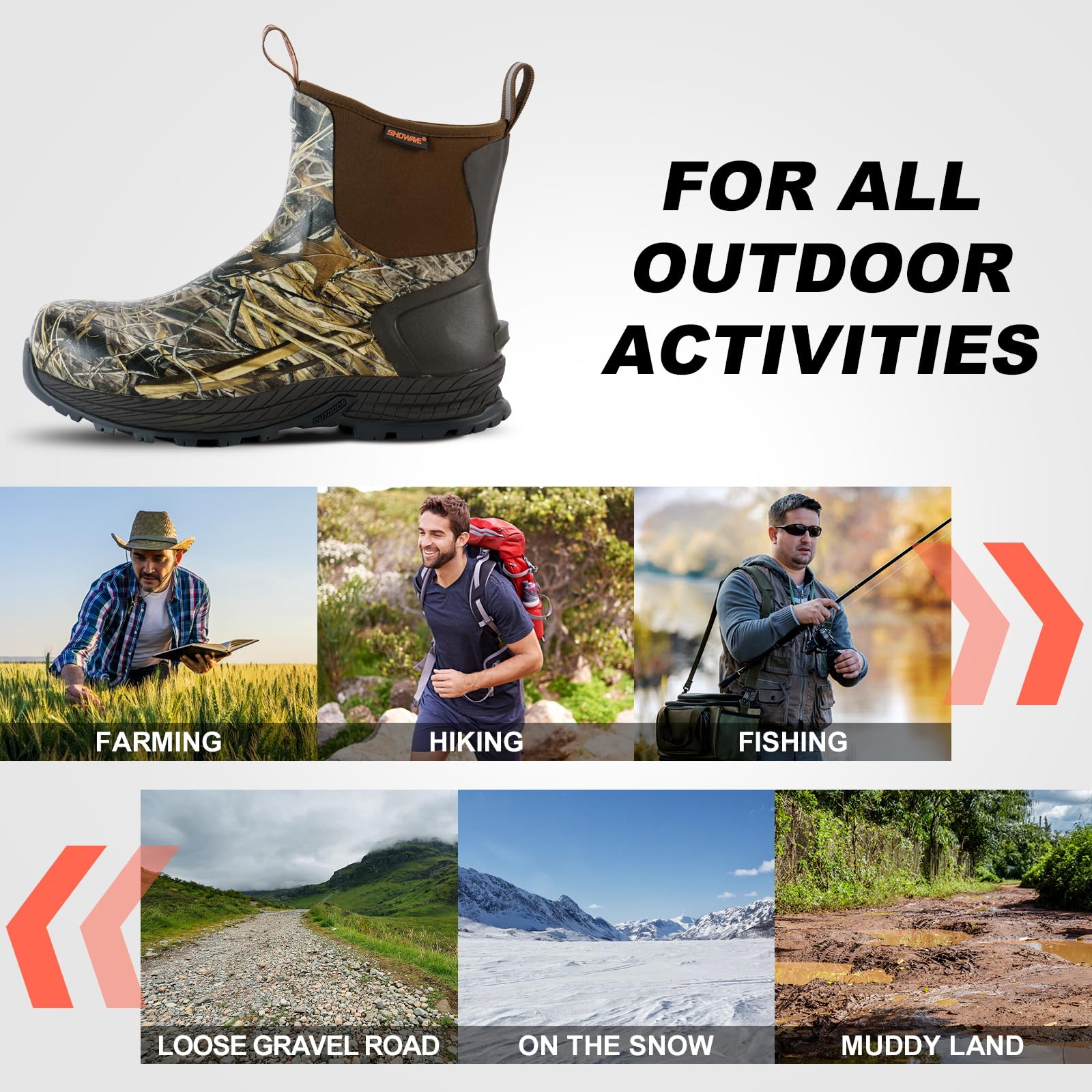 Showave Men's Rain Boots Waterproof Excursion Rubber Boots Insulated Mud Booties for Trekking Gardening Farming Camping Fishing and Chore Work