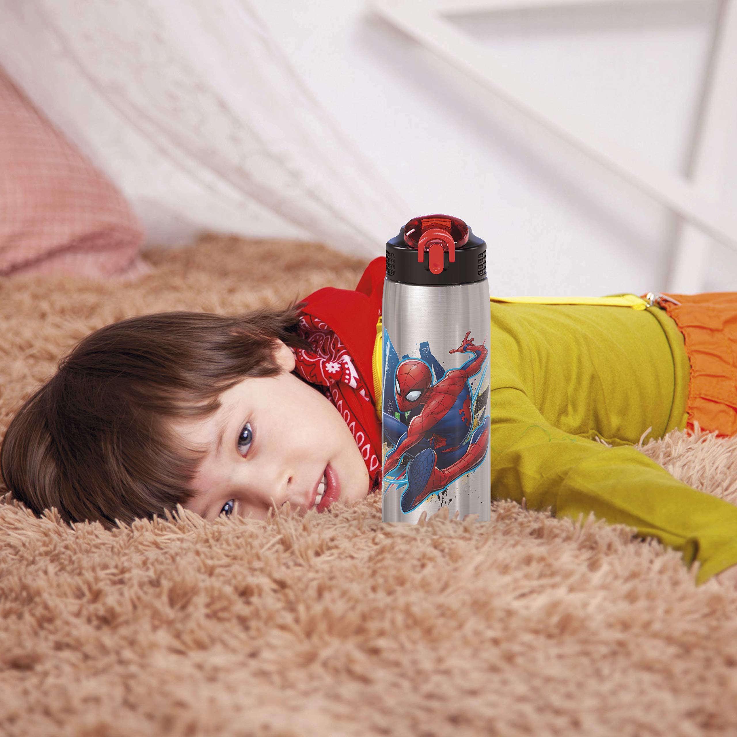 Zak Designs Disney Cars 3 - Stainless Steel Water Bottle with One Hand Operation Action Lid and Built-in Carrying Loop, Kids Water Bottle with Straw Spout is Perfect for Kids (15.5 oz, 18/8)