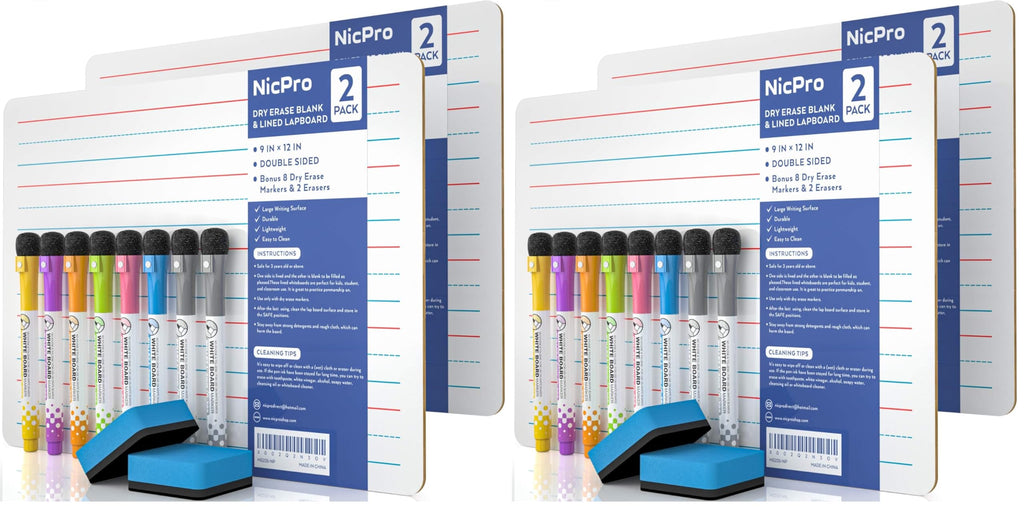 Nicpro Dry Erase Lap Board 9 x 12 inches 2 Pack Ruled Kid Double Sided Blank & Lined Small Lapboard with 8 Pens, 2 Eraser, Learning Mini Whiteboard Portable for Student and Classroom Use