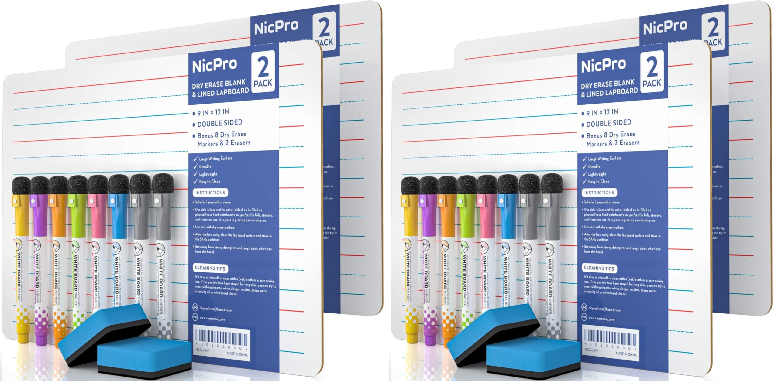 Nicpro Dry Erase Lap Board 9 x 12 inches 2 Pack Ruled Kid Double Sided Blank & Lined Small Lapboard with 8 Pens, 2 Eraser, Learning Mini Whiteboard Portable for Student and Classroom Use