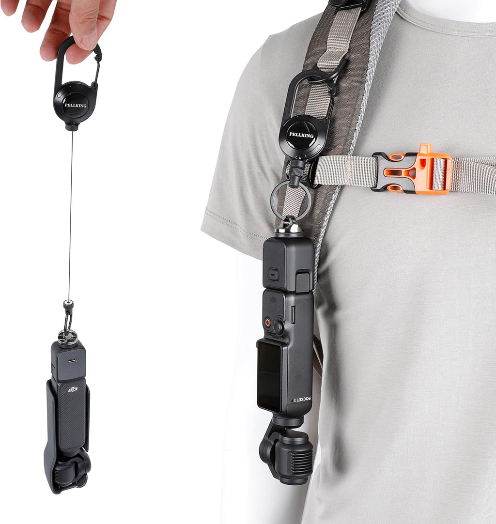 PellKing DJI Osmo Pocket 3 Carabiner Badge Backpack Mount- 60cm Retractable Lanyard, Hands-Free Anti-Loss Security Strap for Outdoor Travel, Easy Access & Auto-Retract