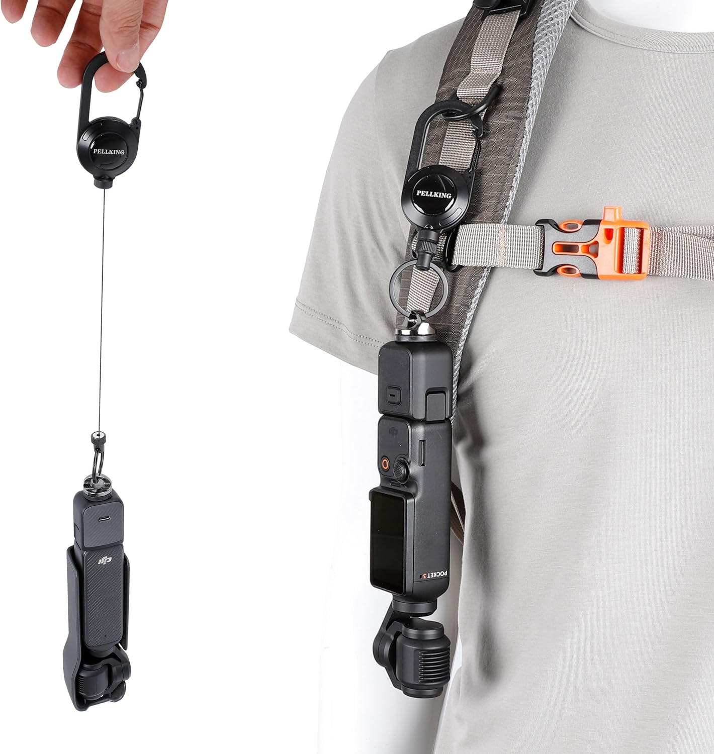 PellKing DJI Osmo Pocket 3 Carabiner Badge Backpack Mount- 60cm Retractable Lanyard, Hands-Free Anti-Loss Security Strap for Outdoor Travel, Easy Access & Auto-Retract