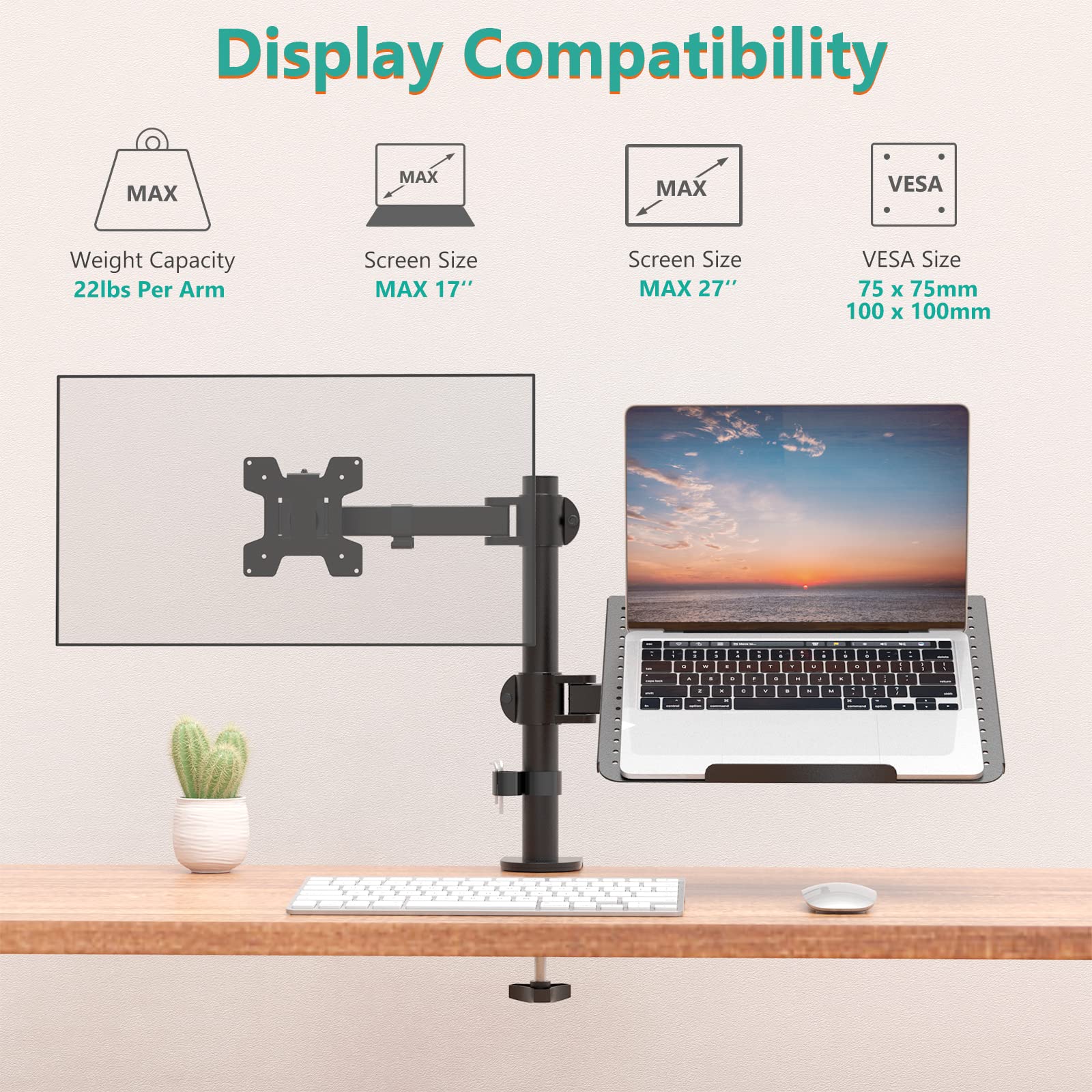 WALI Single Arm Laptop and Monitor Desk Mount for 17" Notebook and Single Screen, 2-in-1 Adjustable Gas Spring Monitor Arm with Laptop Tray, VESA 75x75 100x100,Holds 22-26.4 lbs, Black (GSMP001NLP)