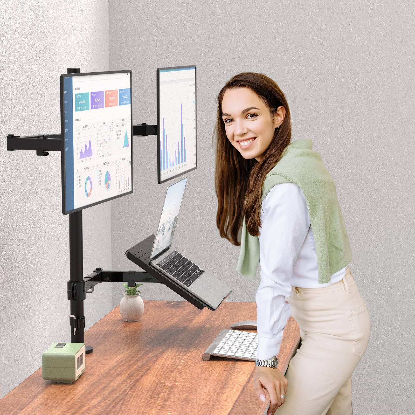 WALI Single Arm Laptop and Monitor Desk Mount for 17" Notebook and Single Screen, 2-in-1 Adjustable Gas Spring Monitor Arm with Laptop Tray, VESA 75x75 100x100,Holds 22-26.4 lbs, Black (GSMP001NLP)