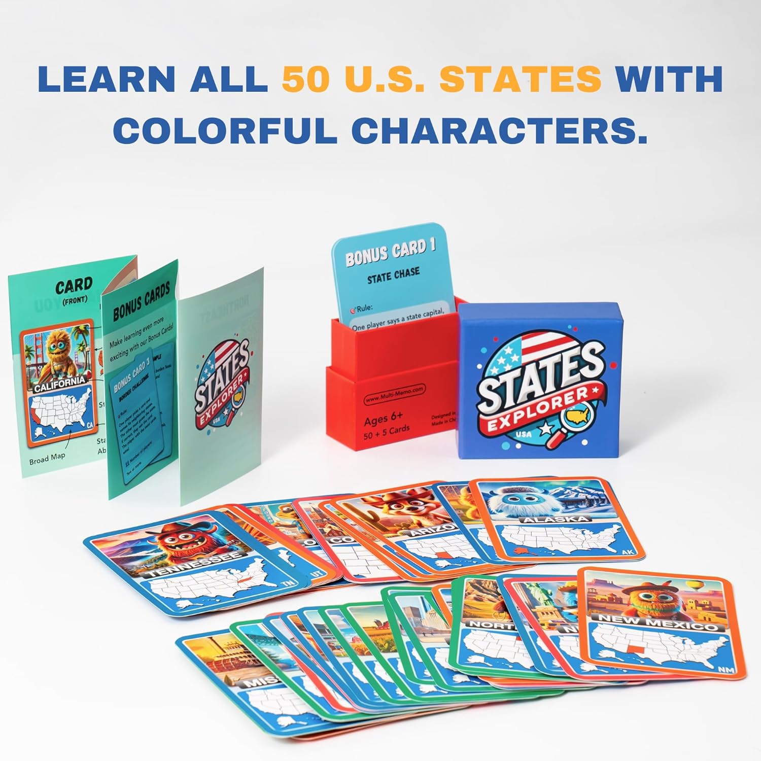 States Explorer – USA State Flashcards for Kids Ages 6+ | 50 United States Cards with Fun Facts, Capitals, Maps & Characters | Educational Geography Game | Perfect for Homeschool, Classroom & Travel