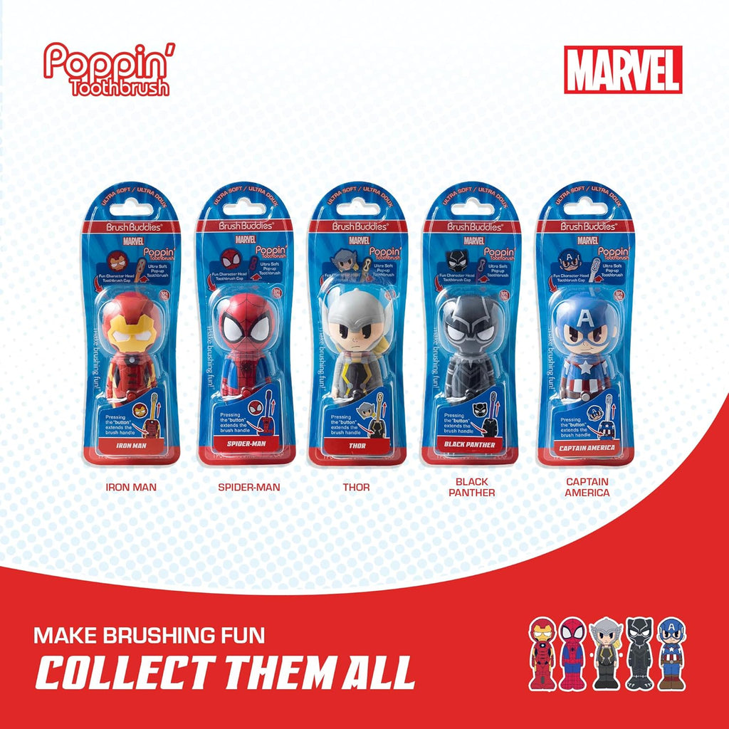 Brush Buddies Marvel Thor Kids Toothbrush, Soft Rounded Bristles, Poppin' Fun Superhero Toothbrush Cover