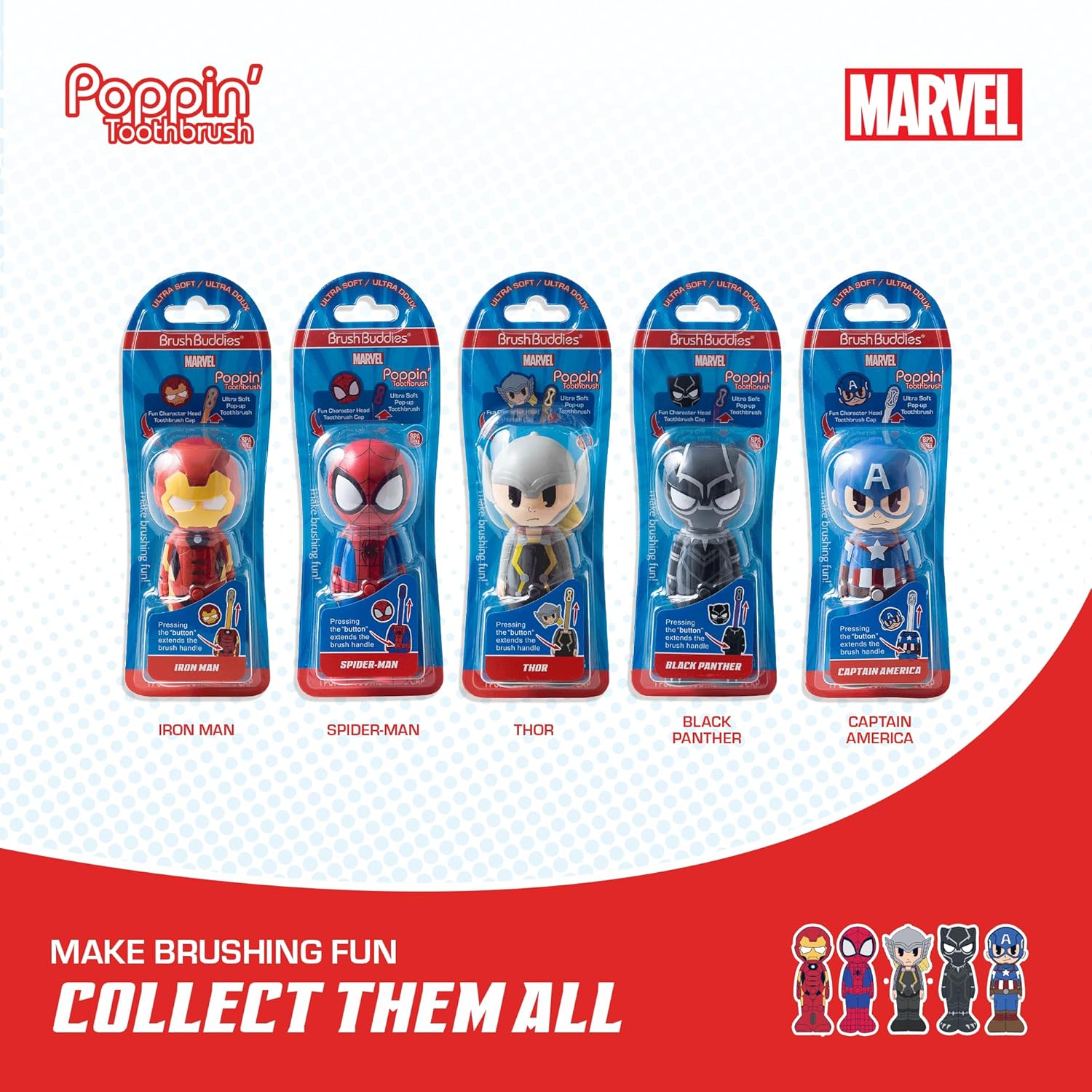 Brush Buddies Marvel Thor Kids Toothbrush, Soft Rounded Bristles, Poppin' Fun Superhero Toothbrush Cover