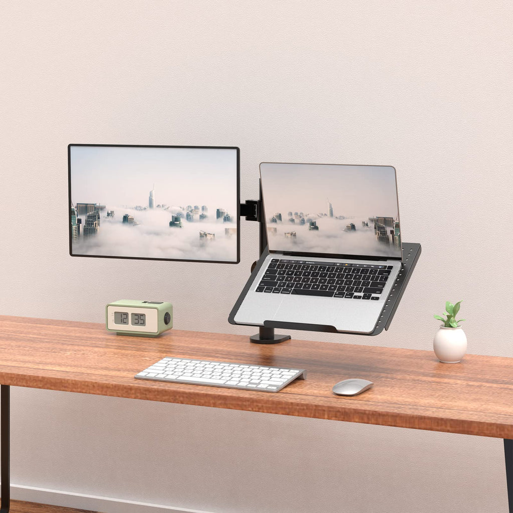 WALI Single Arm Laptop and Monitor Desk Mount for 17" Notebook and Single Screen, 2-in-1 Adjustable Gas Spring Monitor Arm with Laptop Tray, VESA 75x75 100x100,Holds 22-26.4 lbs, Black (GSMP001NLP)