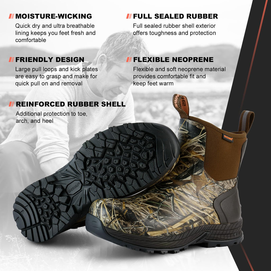 Showave Men's Rain Boots Waterproof Excursion Rubber Boots Insulated Mud Booties for Trekking Gardening Farming Camping Fishing and Chore Work