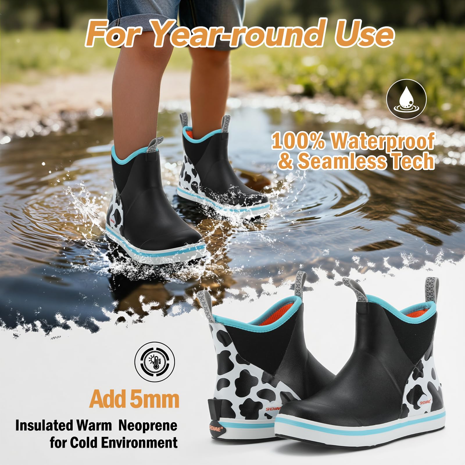 Showave Kid's Deck Boots Waterproof Ankle Rain Boots for Boys Girls Insulated Neoprene Rubber Boots Non-slip Child Rain Shoes