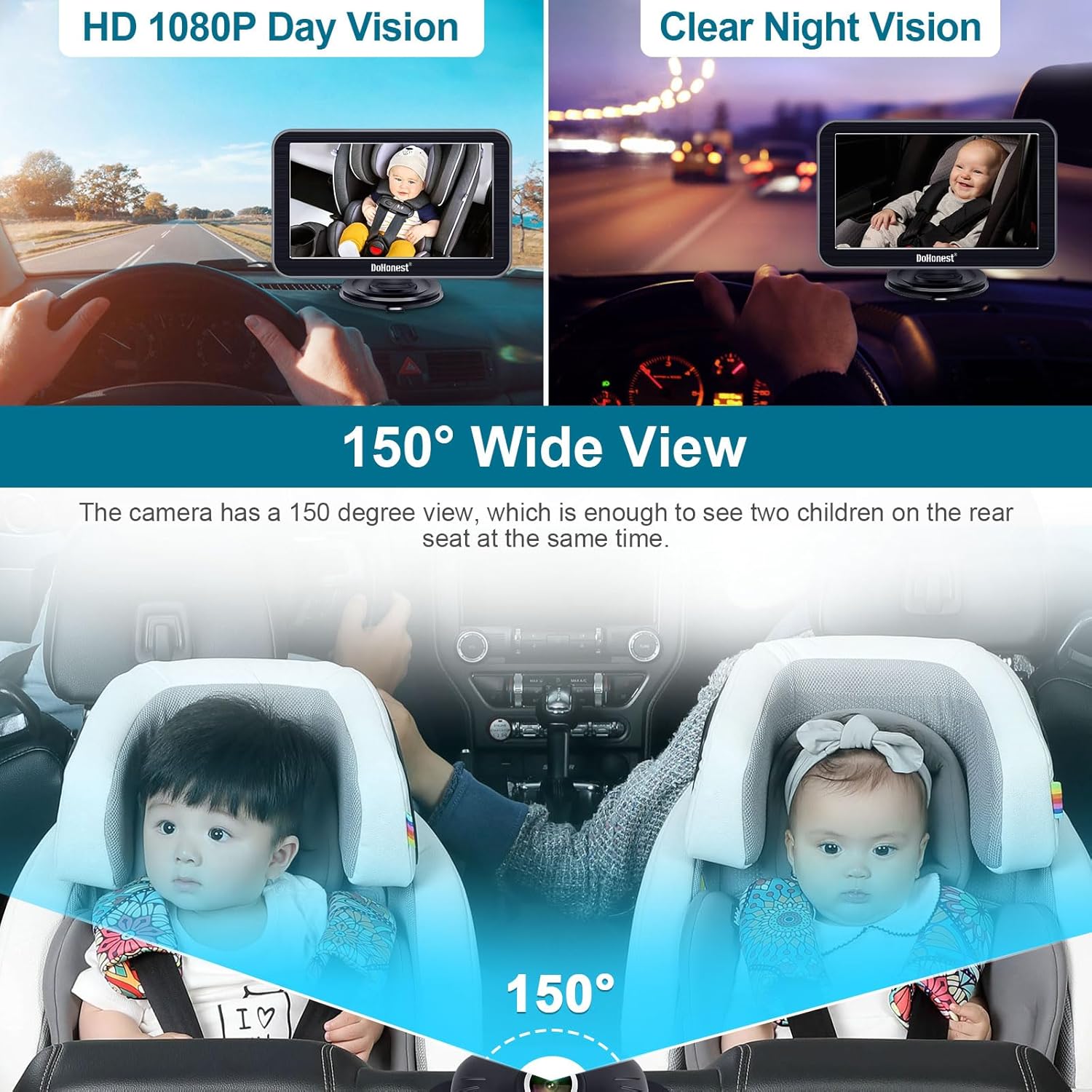 DoHonest Baby Car Camera 7-Inch: USB Plug and Play Easy Setup 360 Degree Rotating Backseat Camera Two Kids HD 1080P Rear Facing Car Seat Cameras Clear Night Vision -V9