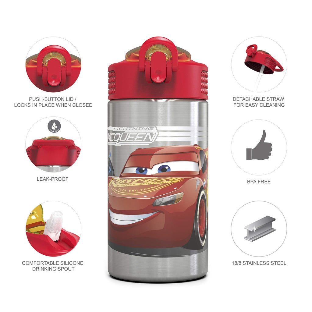Zak Designs Disney Cars 3 - Stainless Steel Water Bottle with One Hand Operation Action Lid and Built-in Carrying Loop, Kids Water Bottle with Straw Spout is Perfect for Kids (15.5 oz, 18/8)