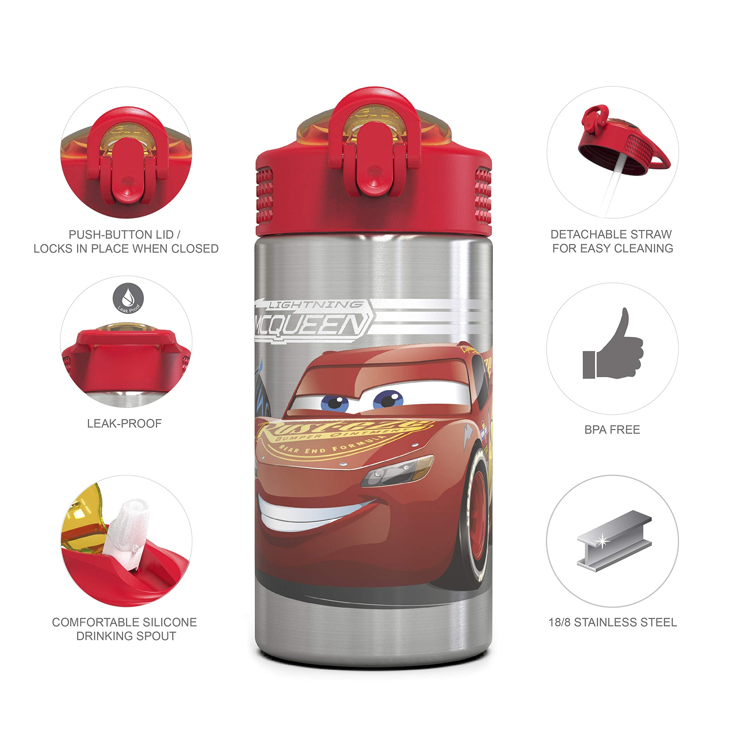 Zak Designs Disney Cars 3 - Stainless Steel Water Bottle with One Hand Operation Action Lid and Built-in Carrying Loop, Kids Water Bottle with Straw Spout is Perfect for Kids (15.5 oz, 18/8)