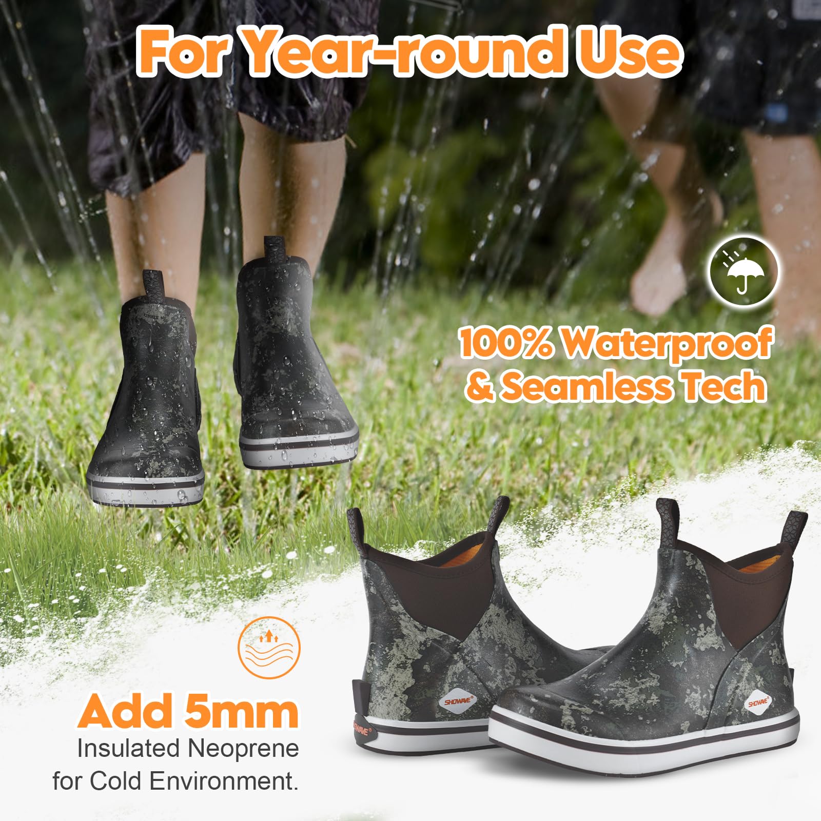 Showave Kid's Deck Boots Waterproof Ankle Rain Boots for Boys Girls Insulated Neoprene Rubber Boots Non-slip Child Rain Shoes