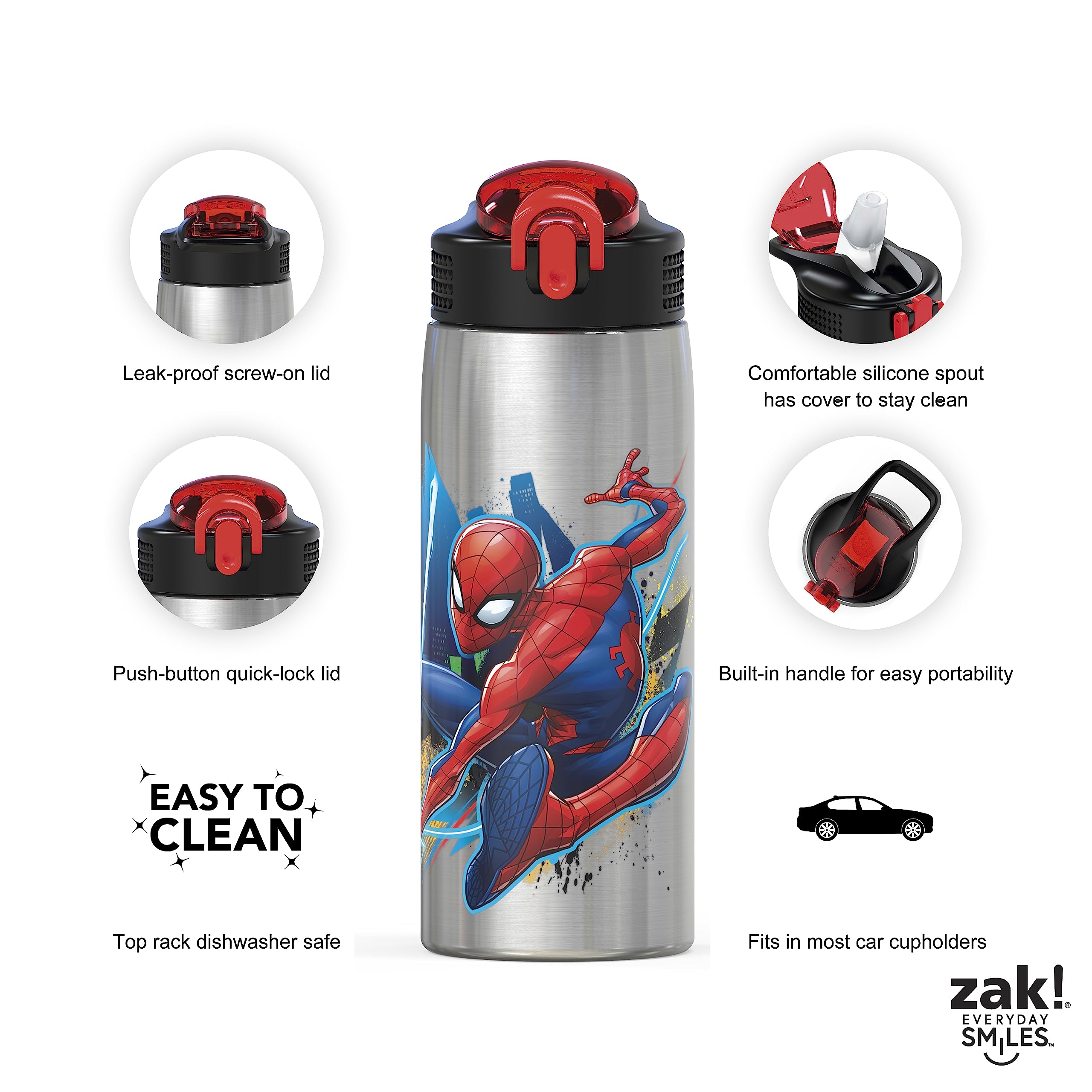 Zak Designs Disney Cars 3 - Stainless Steel Water Bottle with One Hand Operation Action Lid and Built-in Carrying Loop, Kids Water Bottle with Straw Spout is Perfect for Kids (15.5 oz, 18/8)