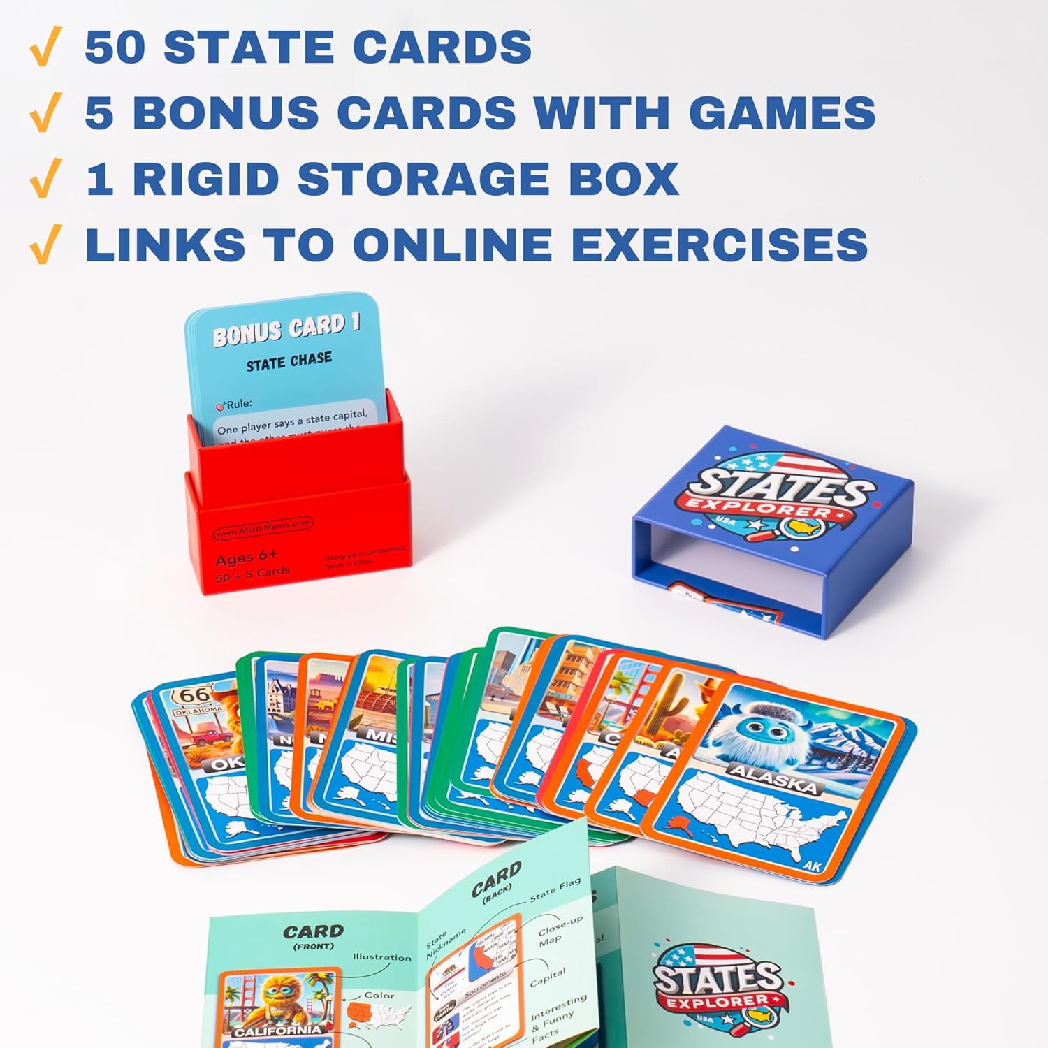 States Explorer – USA State Flashcards for Kids Ages 6+ | 50 United States Cards with Fun Facts, Capitals, Maps & Characters | Educational Geography Game | Perfect for Homeschool, Classroom & Travel