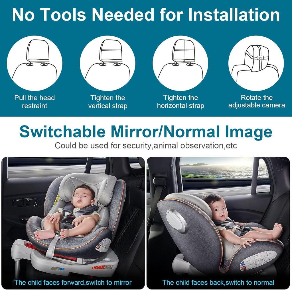 DoHonest Baby Car Camera 7-Inch: USB Plug and Play Easy Setup 360 Degree Rotating Backseat Camera Two Kids HD 1080P Rear Facing Car Seat Cameras Clear Night Vision -V9