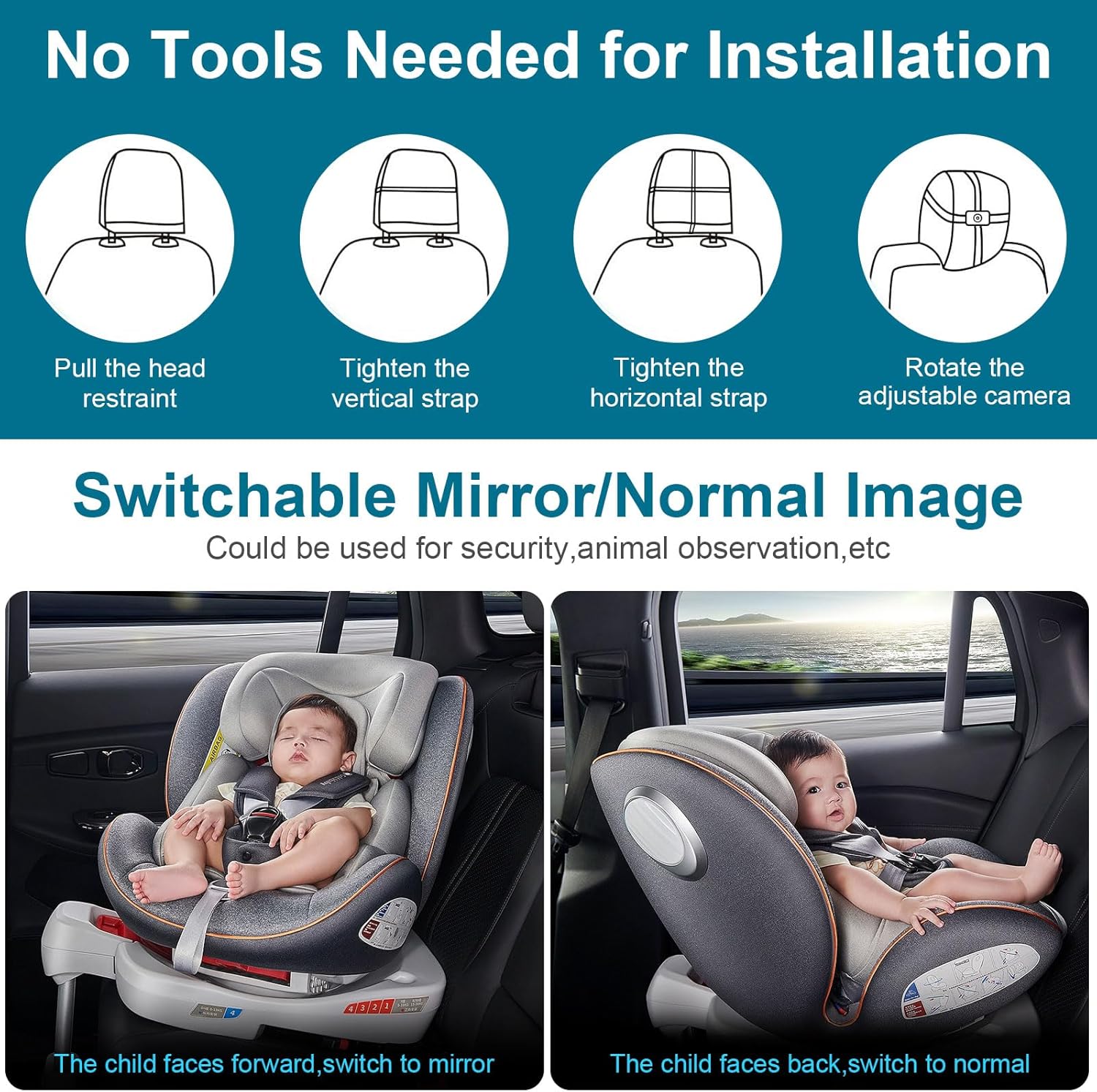 DoHonest Baby Car Camera 7-Inch: USB Plug and Play Easy Setup 360 Degree Rotating Backseat Camera Two Kids HD 1080P Rear Facing Car Seat Cameras Clear Night Vision -V9
