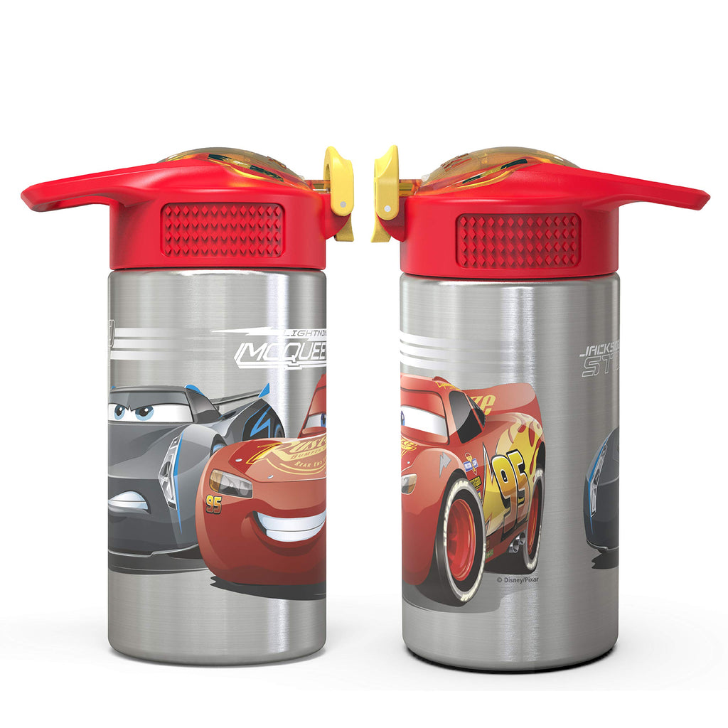 Zak Designs Disney Cars 3 - Stainless Steel Water Bottle with One Hand Operation Action Lid and Built-in Carrying Loop, Kids Water Bottle with Straw Spout is Perfect for Kids (15.5 oz, 18/8)