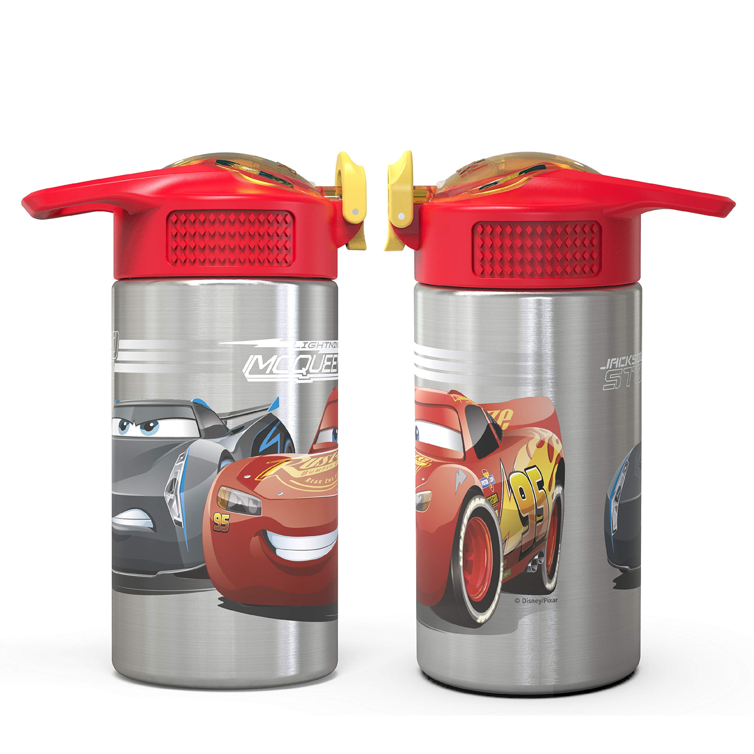 Zak Designs Disney Cars 3 - Stainless Steel Water Bottle with One Hand Operation Action Lid and Built-in Carrying Loop, Kids Water Bottle with Straw Spout is Perfect for Kids (15.5 oz, 18/8)