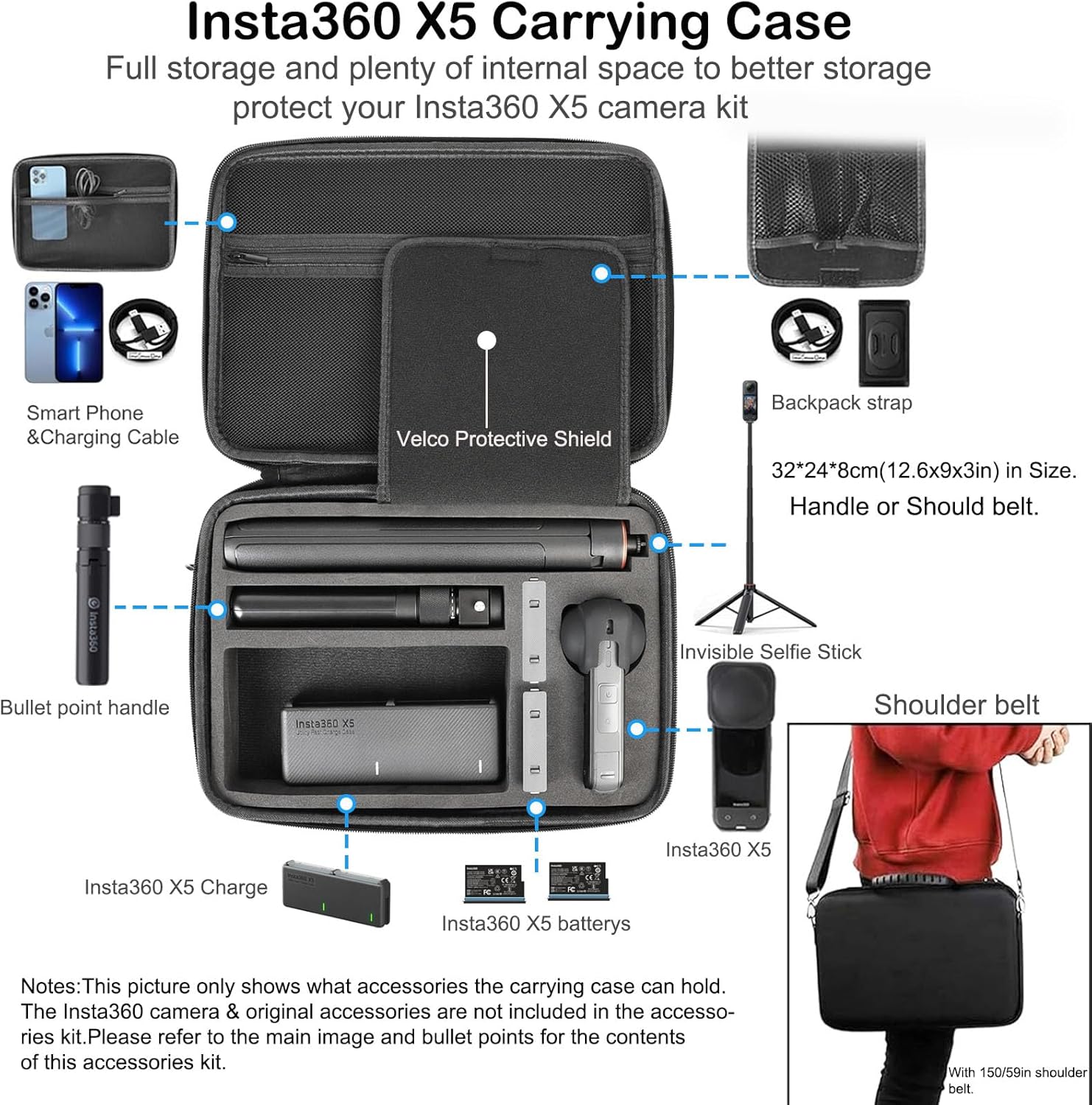 PellKing Accessories Kit for Insta360 X5,Included Carrying Case with Belt,135cm Selfie Stick Tripod,Aluminium Handlebar Clamp.2 Pcs Metal 1/4" Adapter,Magnetic Mount,4 Pcs Body Strap Mount,and Other
